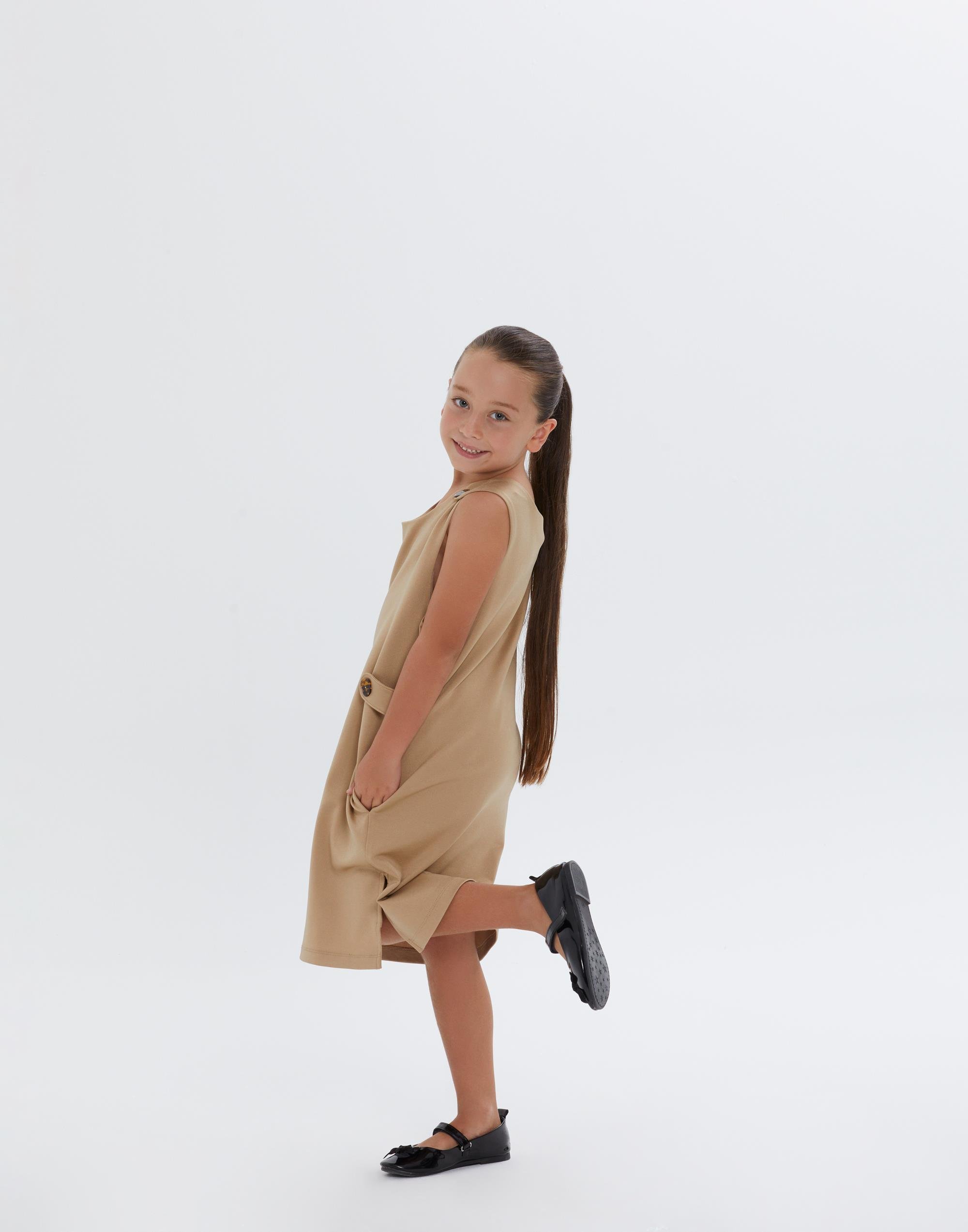 Beli ve Omuzları Düğme Detaylı Kolsuz Bej Elbise - junior, designer dresses, bachelorette, party dresses and graduation dresses.