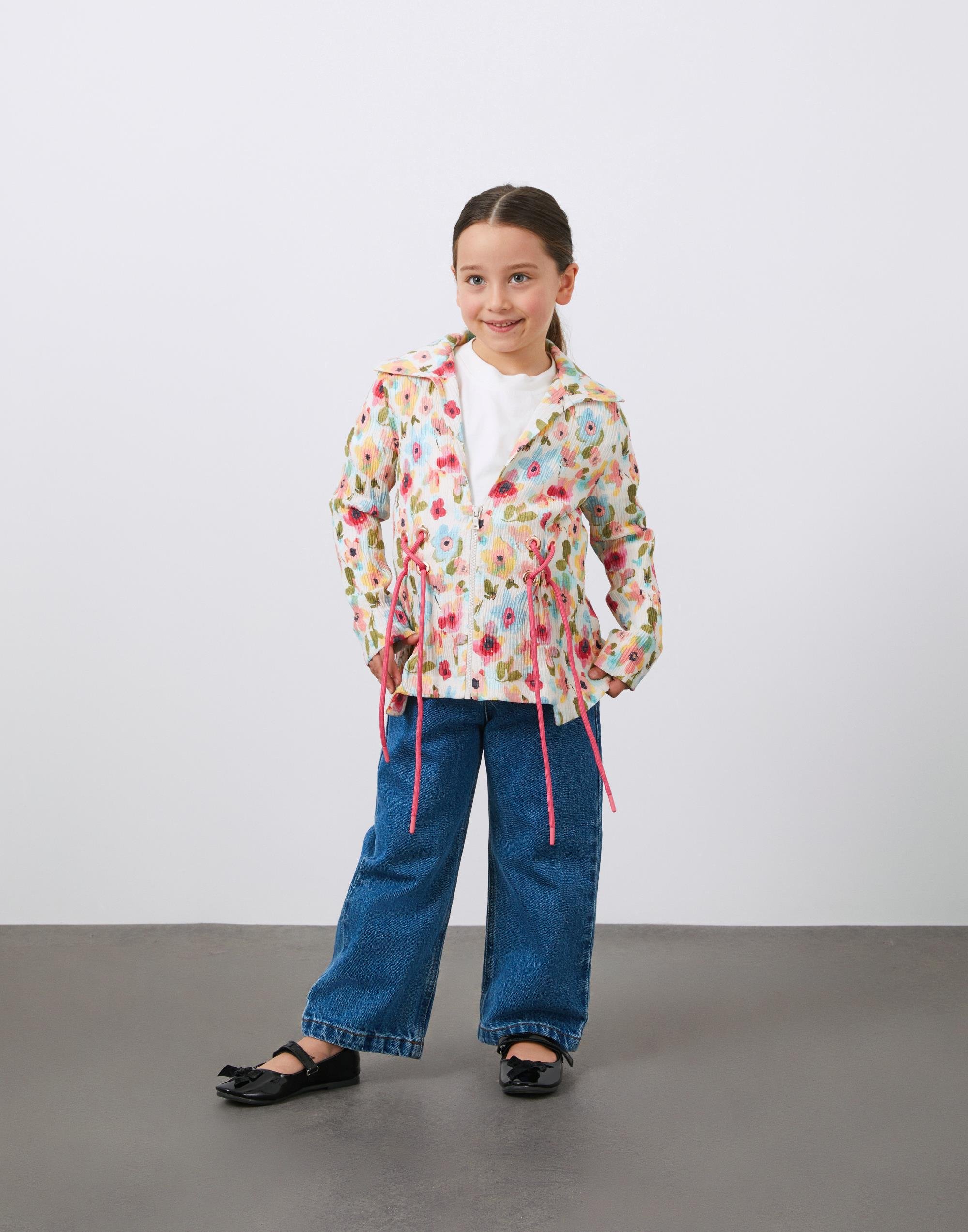 Çiçek Desenli Bağlamalı Keten Kız Çocuk Ceket - junior, designer dresses, bachelorette, party dresses and graduation dresses.