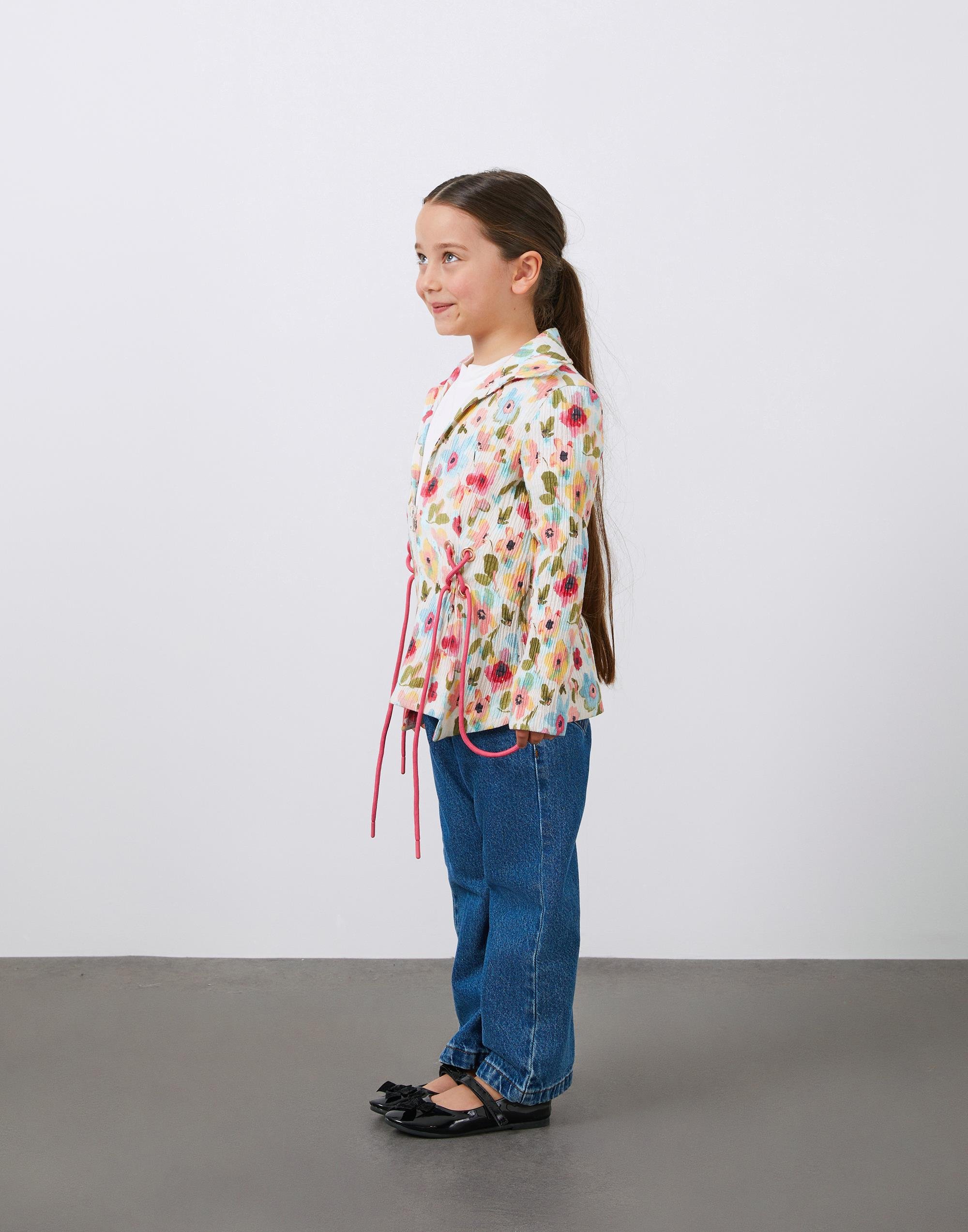 Çiçek Desenli Bağlamalı Keten Kız Çocuk Ceket - junior, designer dresses, bachelorette, party dresses and graduation dresses.