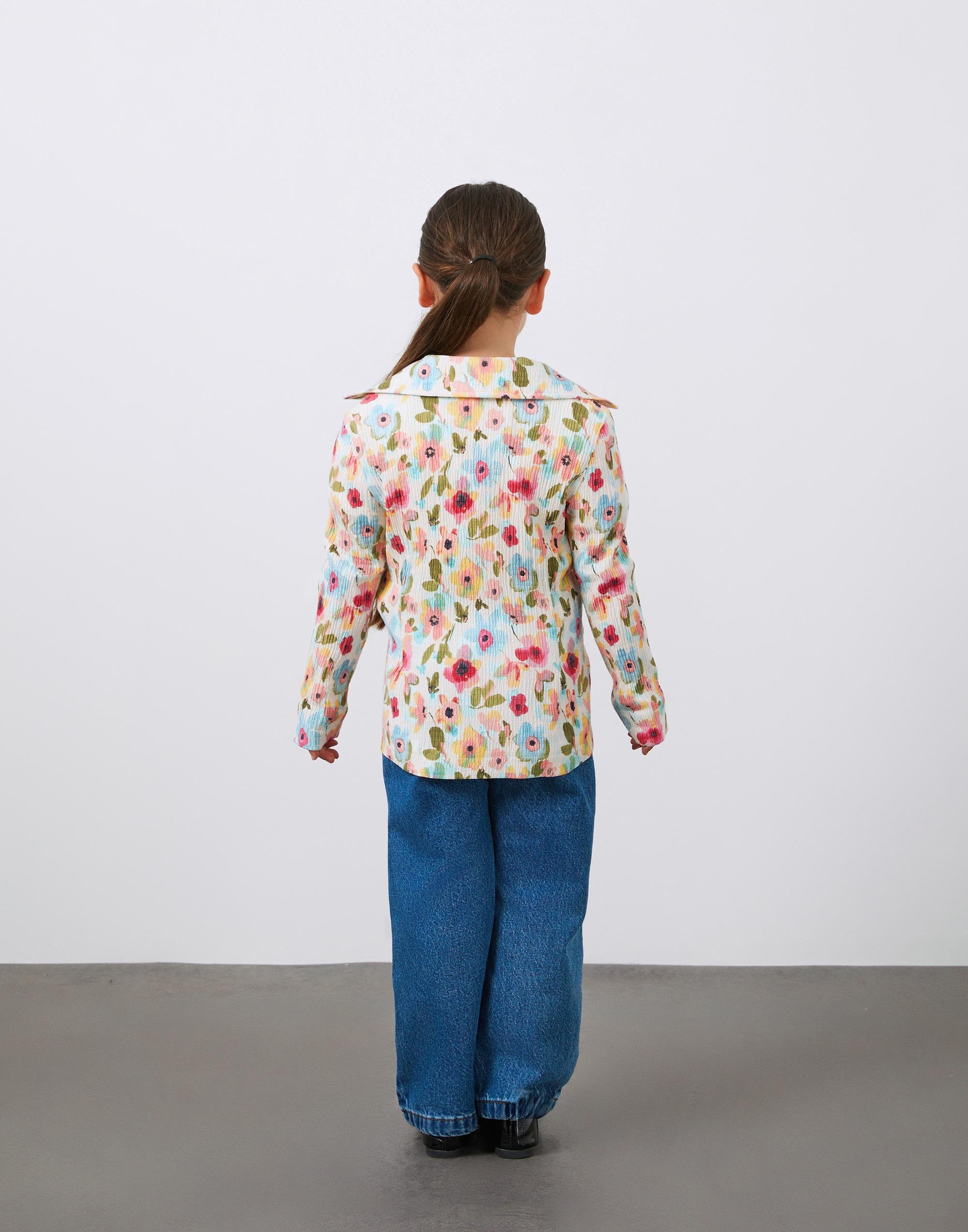 Çiçek Desenli Bağlamalı Keten Kız Çocuk Ceket - junior, designer dresses, bachelorette, party dresses and graduation dresses.