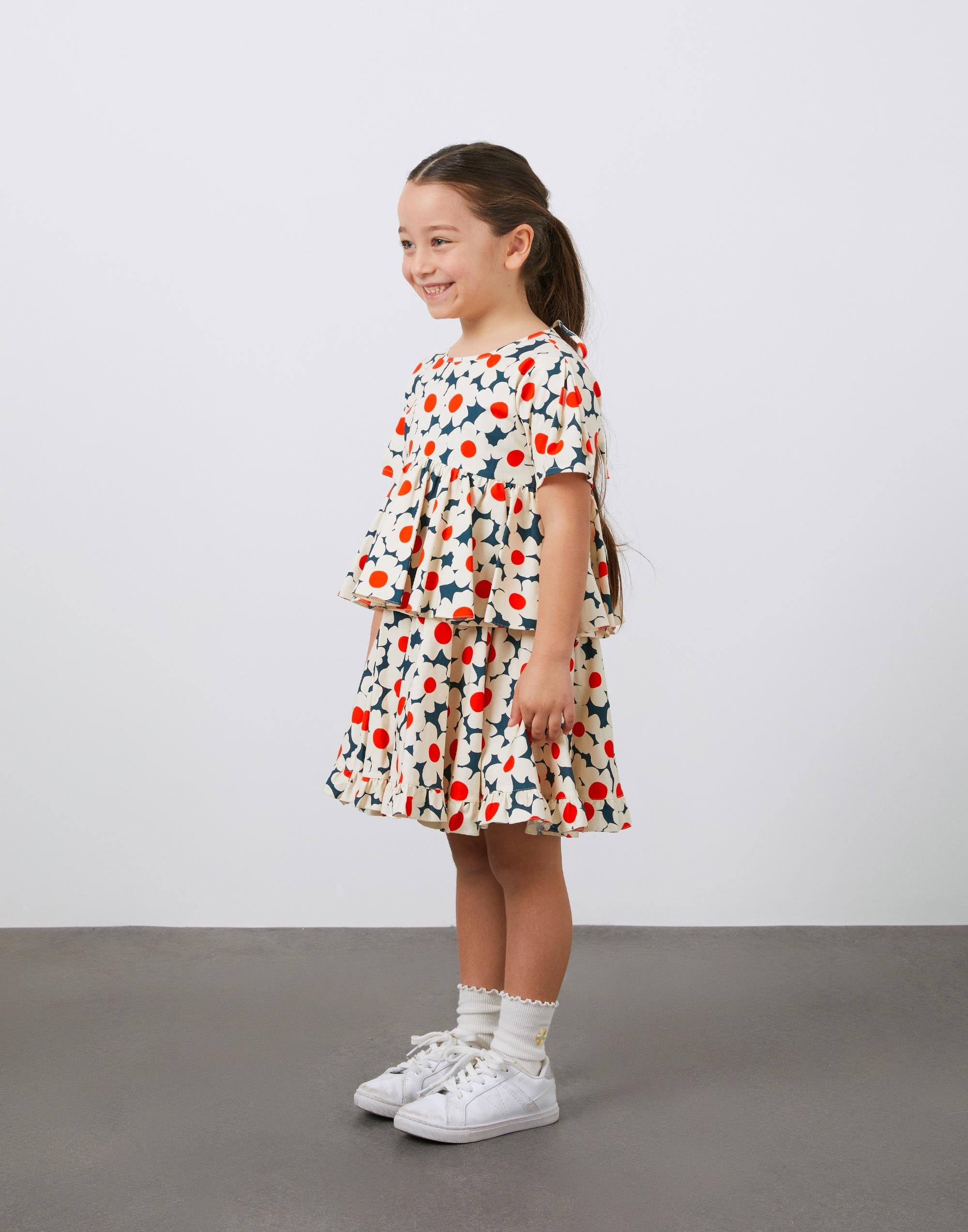 Çiçek Desenli Çift Kat Fırfırlı Mavi Kız Çocuk Koton Elbise - junior, designer dresses, bachelorette, party dresses and graduation dresses.