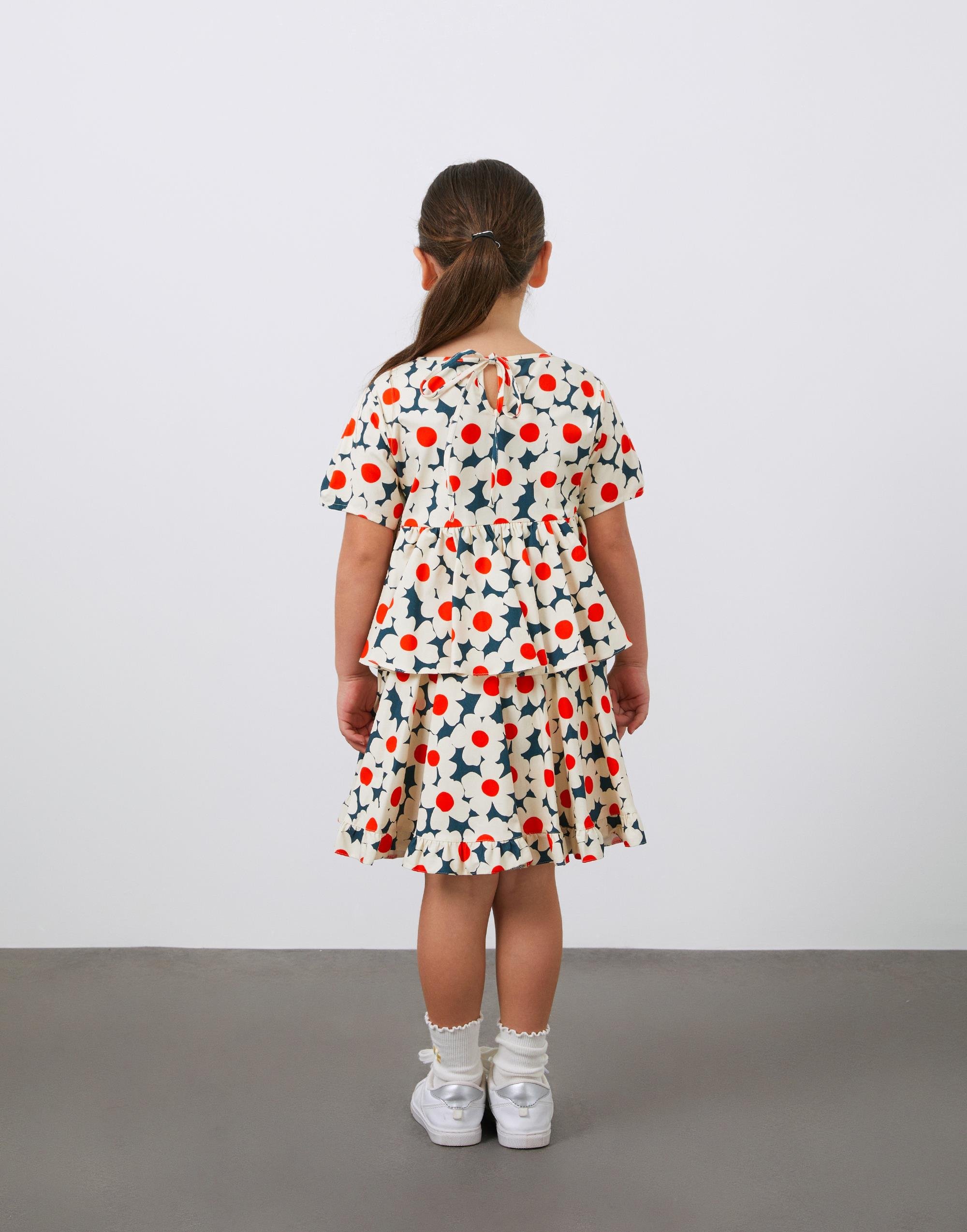 Çiçek Desenli Çift Kat Fırfırlı Mavi Kız Çocuk Koton Elbise - junior, designer dresses, bachelorette, party dresses and graduation dresses.