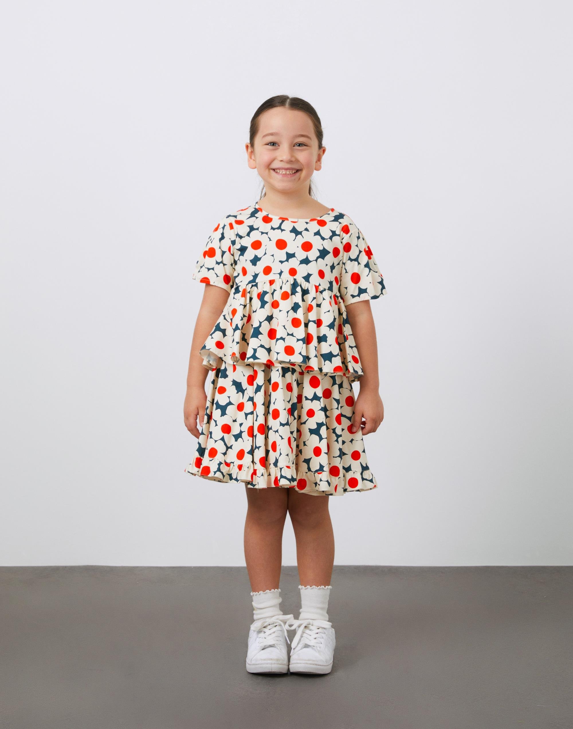 Çiçek Desenli Çift Kat Fırfırlı Mavi Kız Çocuk Koton Elbise - junior, designer dresses, bachelorette, party dresses and graduation dresses.