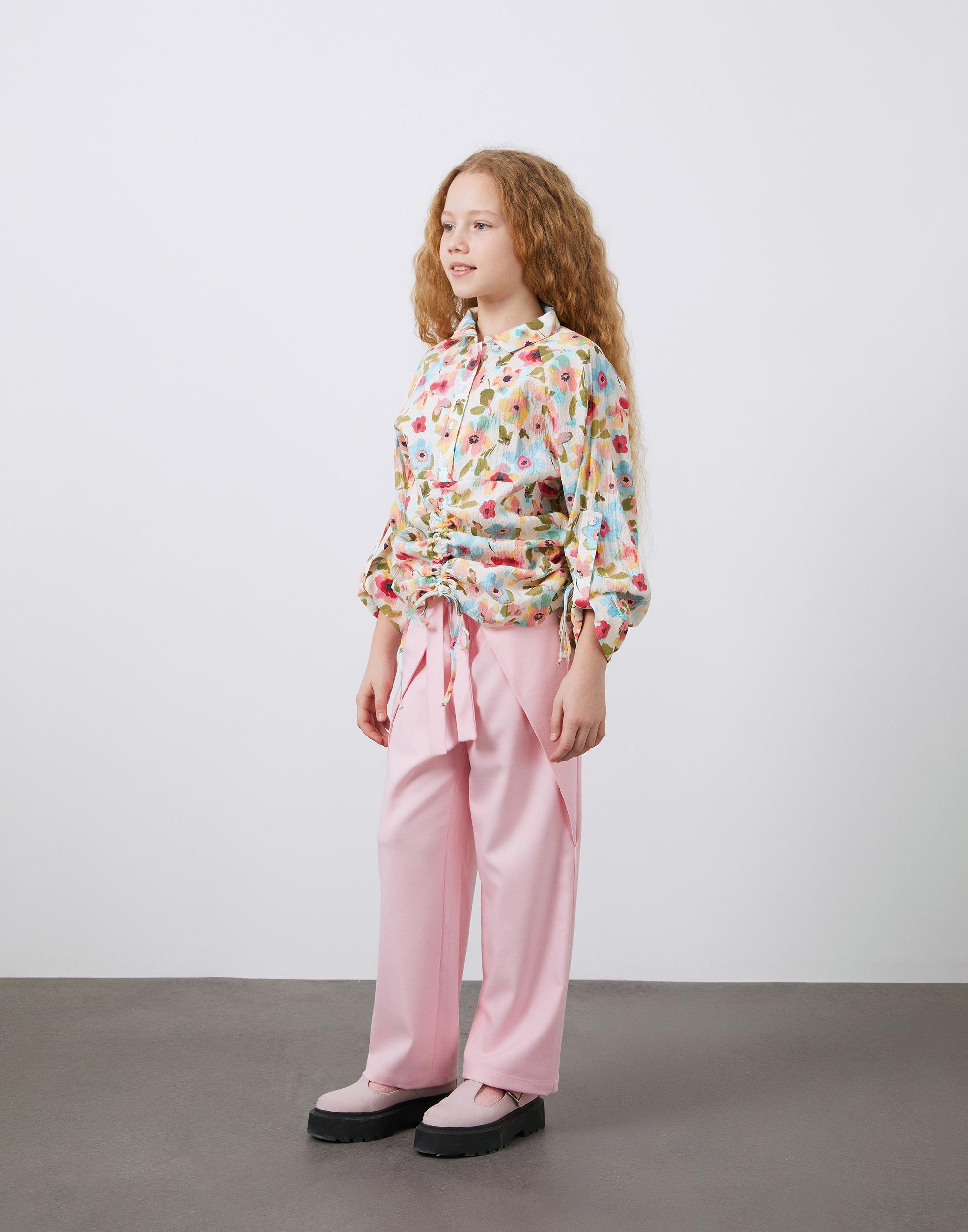 Çiçek Desenli Hakim Yaka Büzmeli Keten Kız Çocuk Bluz - junior, designer dresses, bachelorette, party dresses and graduation dresses.