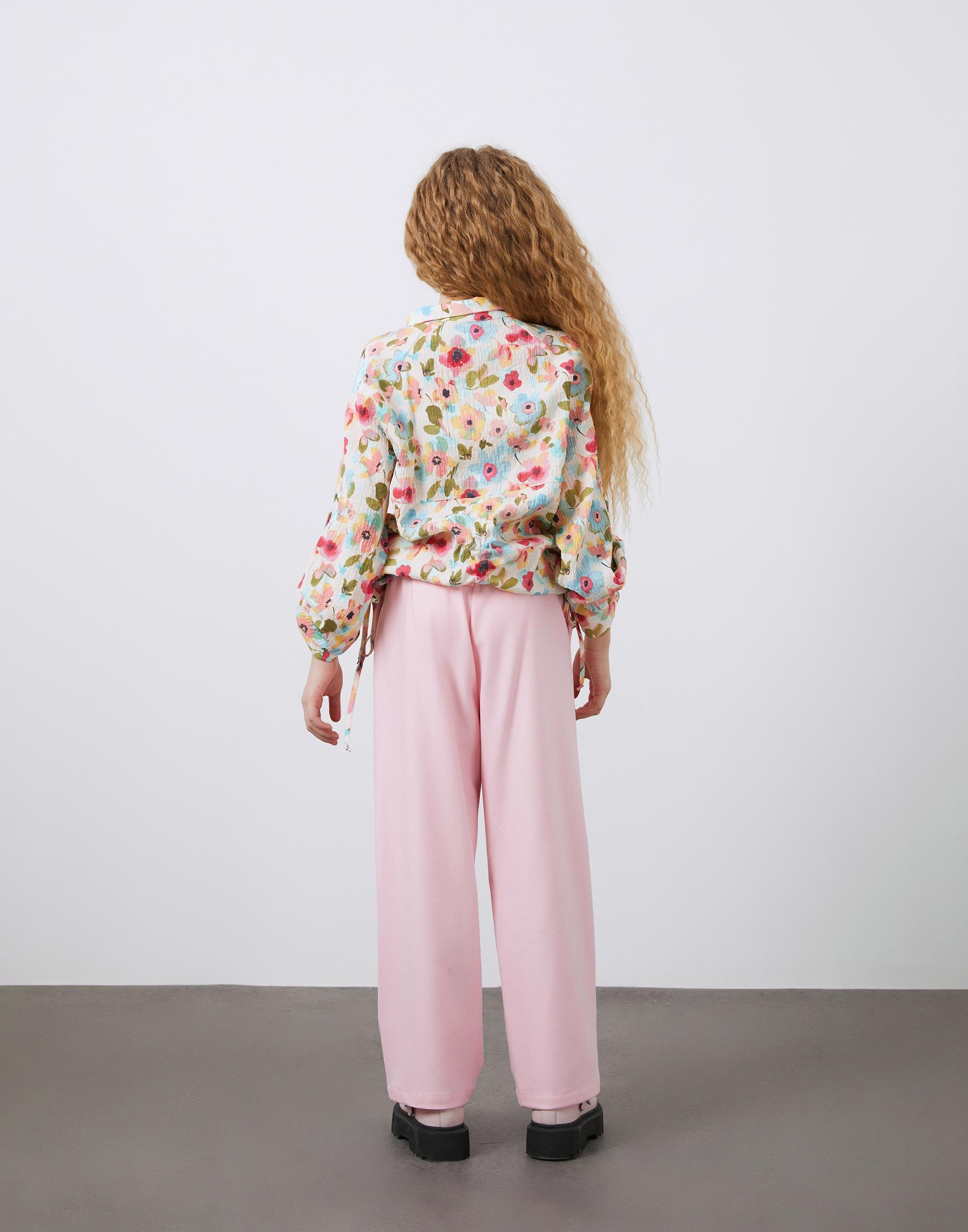 Çiçek Desenli Hakim Yaka Büzmeli Keten Kız Çocuk Bluz - junior, designer dresses, bachelorette, party dresses and graduation dresses.