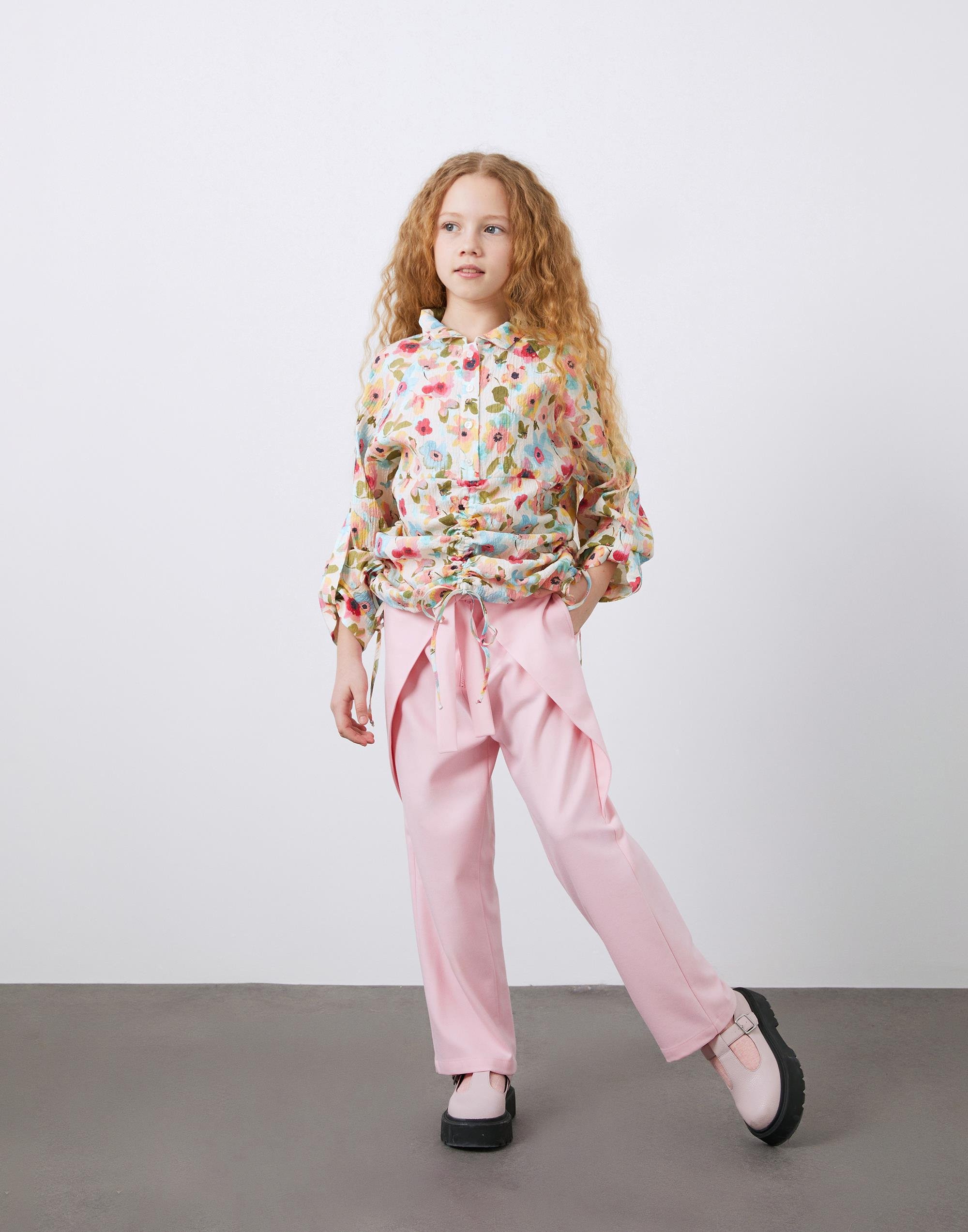 Çiçek Desenli Hakim Yaka Büzmeli Keten Kız Çocuk Bluz - junior, designer dresses, bachelorette, party dresses and graduation dresses.