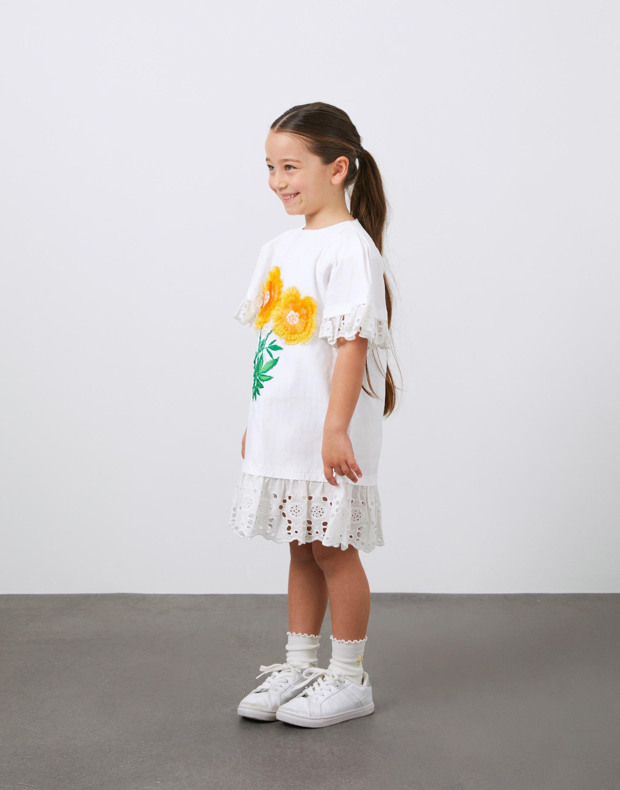 Çiçek Nakış Detaylı Beyaz Kısa Kollu Kız Çocuk Koton Elbise - junior, designer dresses, bachelorette, party dresses and graduation dresses.