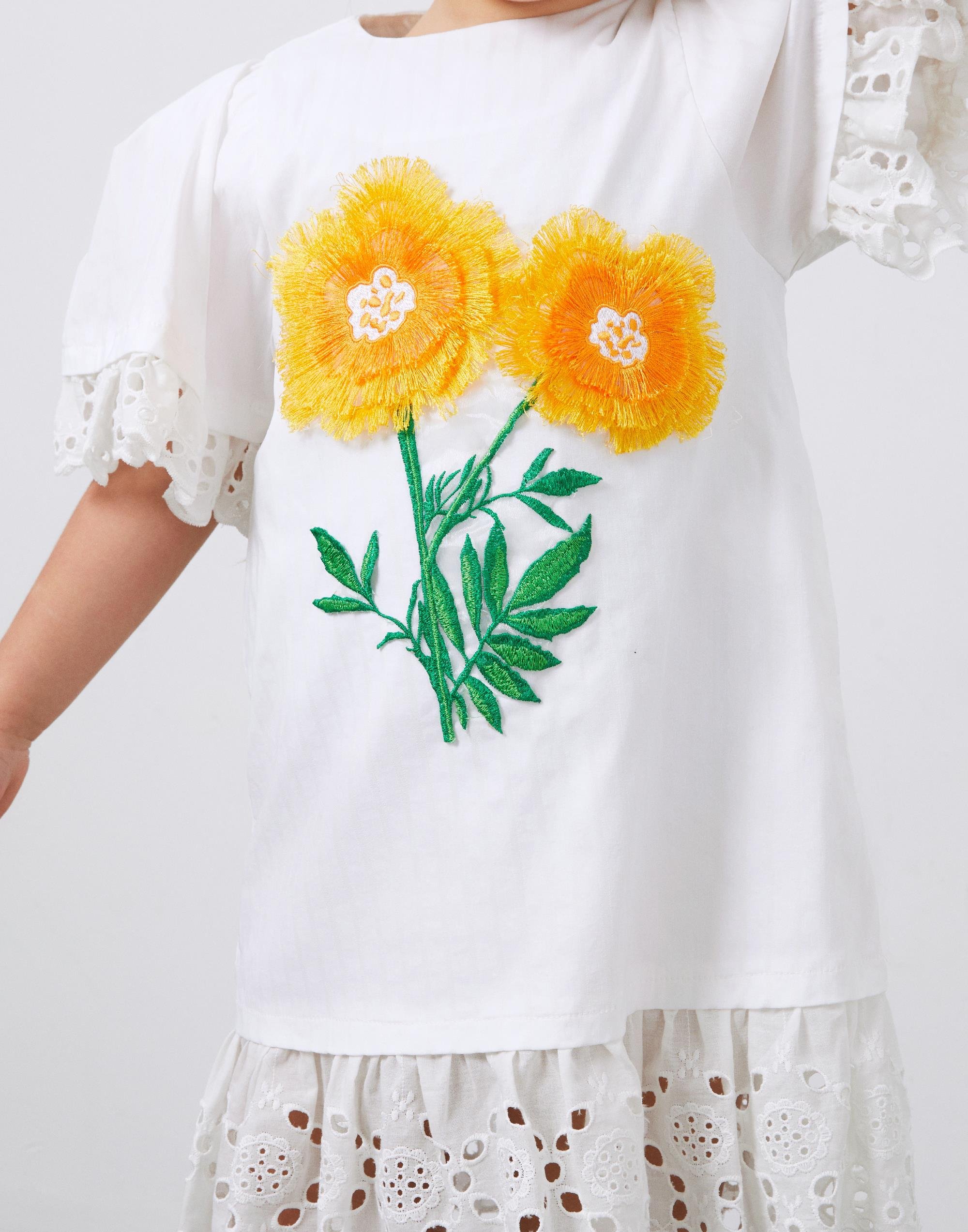 Çiçek Nakış Detaylı Beyaz Kısa Kollu Kız Çocuk Koton Elbise - junior, designer dresses, bachelorette, party dresses and graduation dresses.