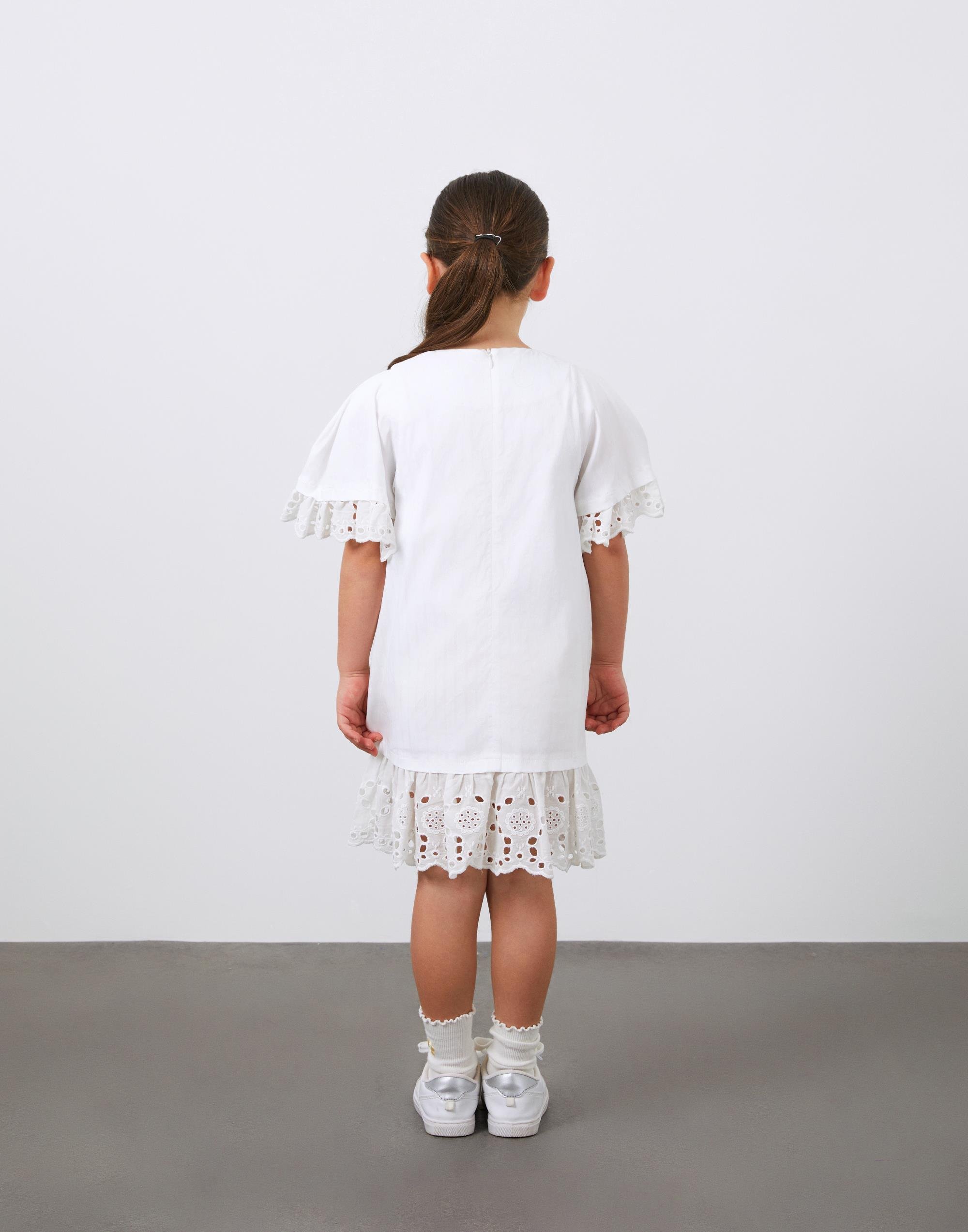 Çiçek Nakış Detaylı Beyaz Kısa Kollu Kız Çocuk Koton Elbise - junior, designer dresses, bachelorette, party dresses and graduation dresses.