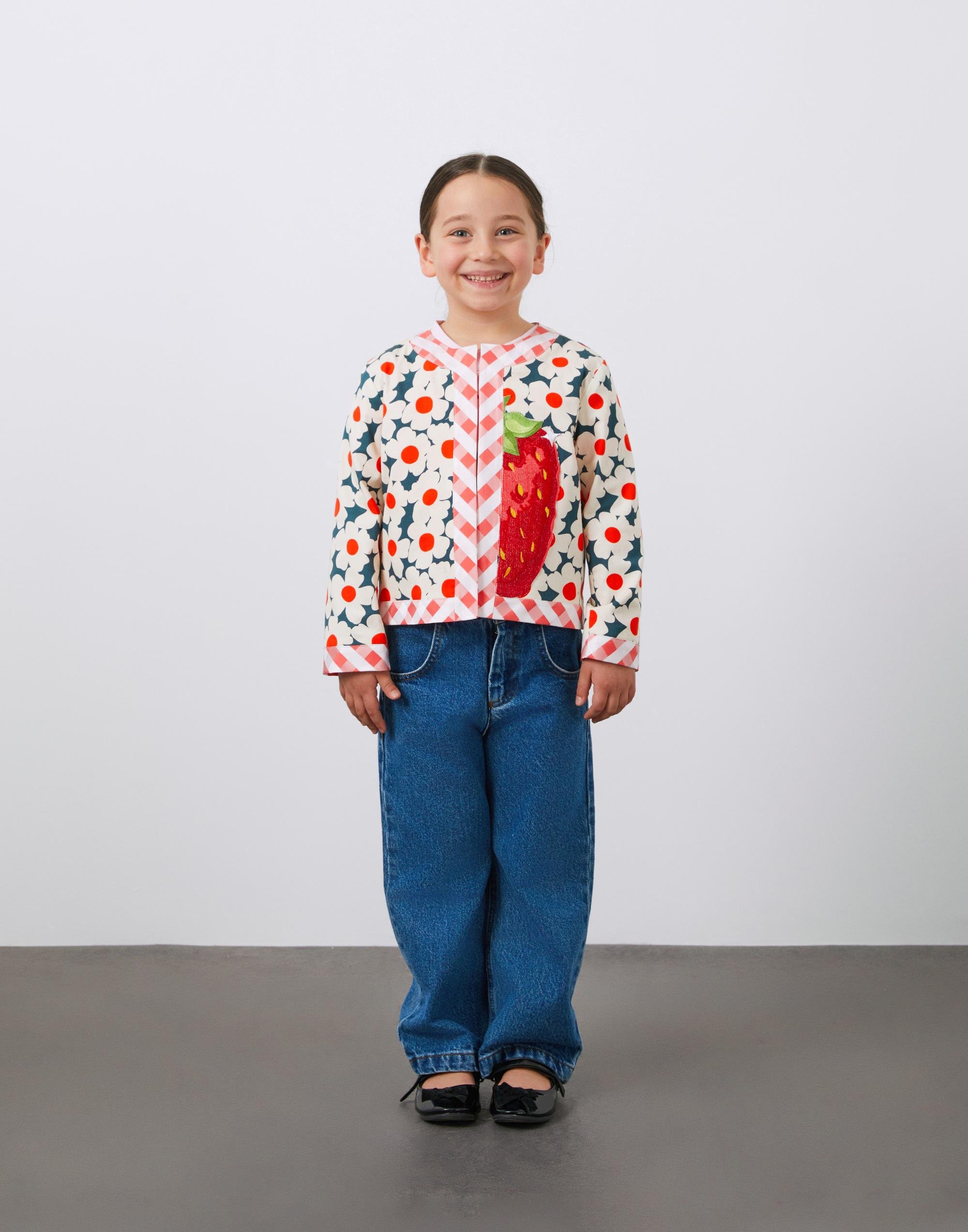 Çilek Nakışlı Desenli Mavi Koton Kız Çocuk Ceket - junior, designer dresses, bachelorette, party dresses and graduation dresses.