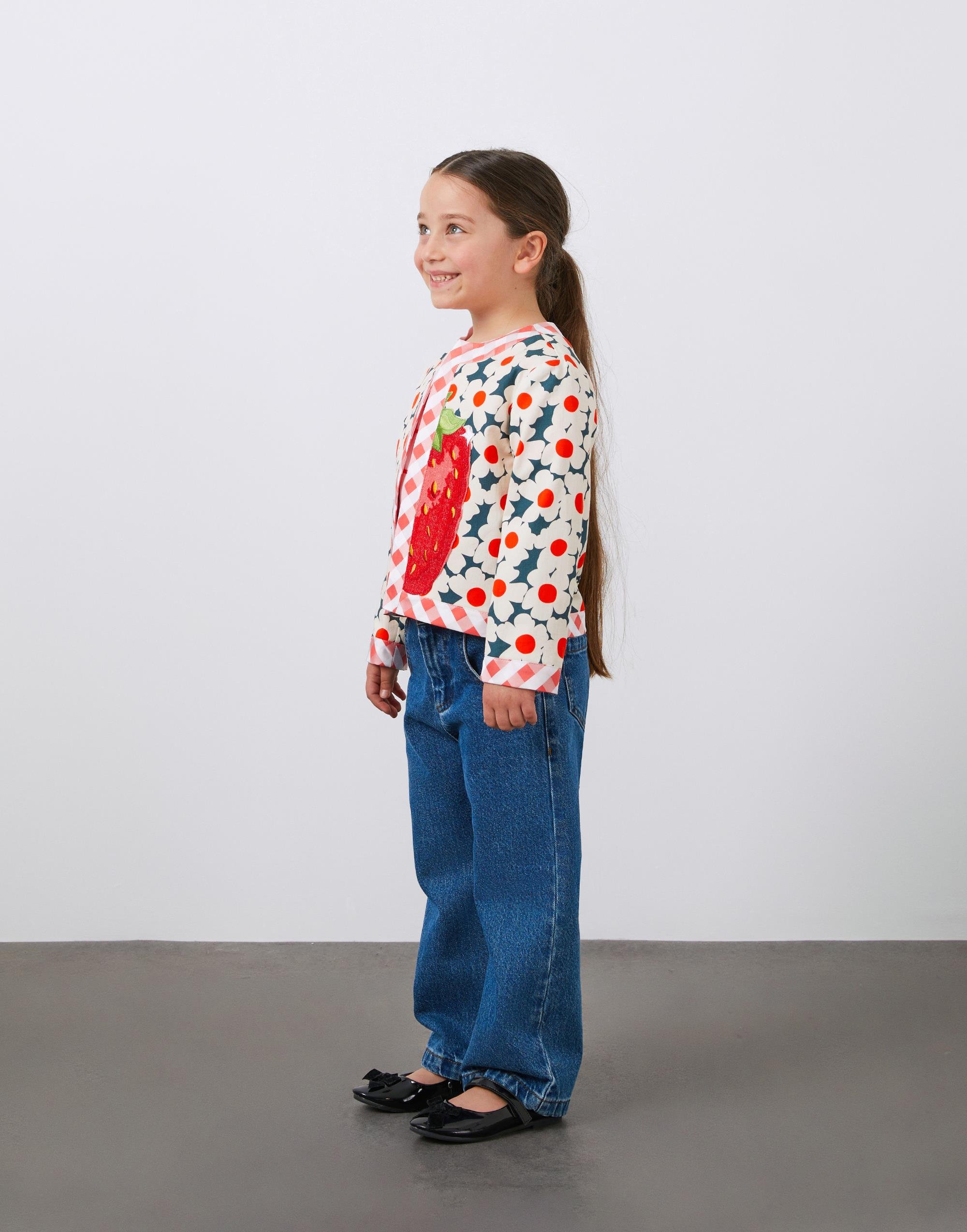 Çilek Nakışlı Desenli Mavi Koton Kız Çocuk Ceket - junior, designer dresses, bachelorette, party dresses and graduation dresses.