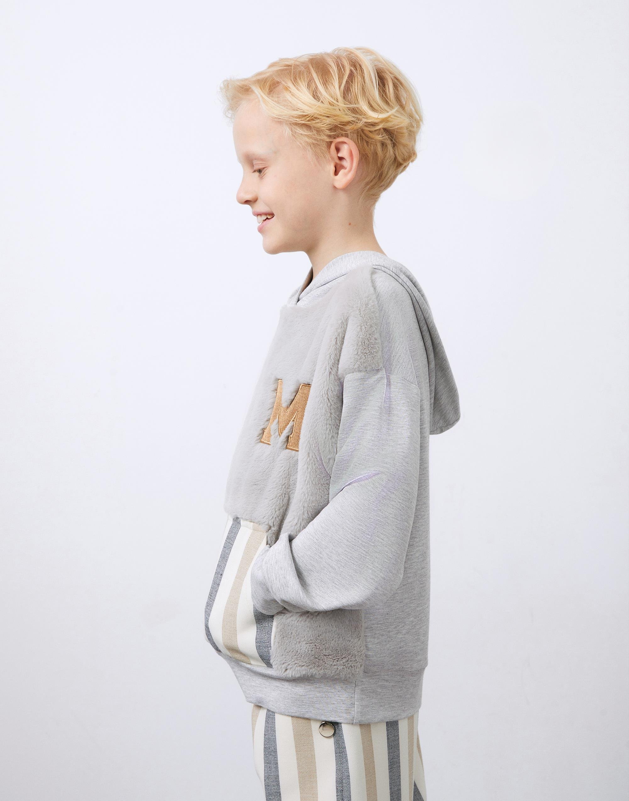 Gray Boy's Hooded Sweatshirt with Stripe Detail - junior, designer dresses, bachelorette, party dresses and graduation dresses.