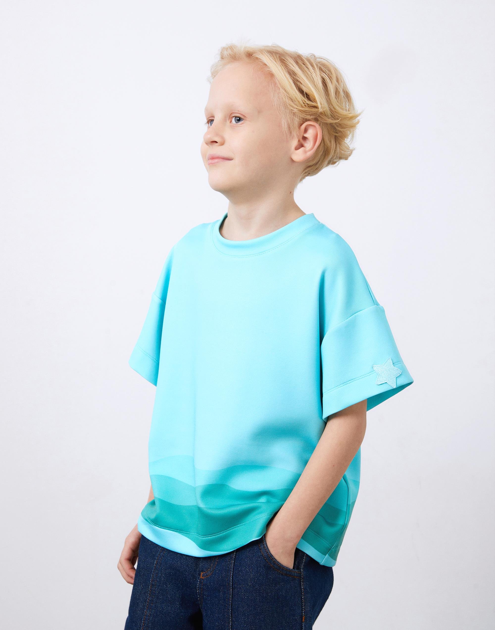 Dalga Baskı Detaylı Mavi Unisex Tişört - junior, designer dresses, bachelorette, party dresses and graduation dresses.