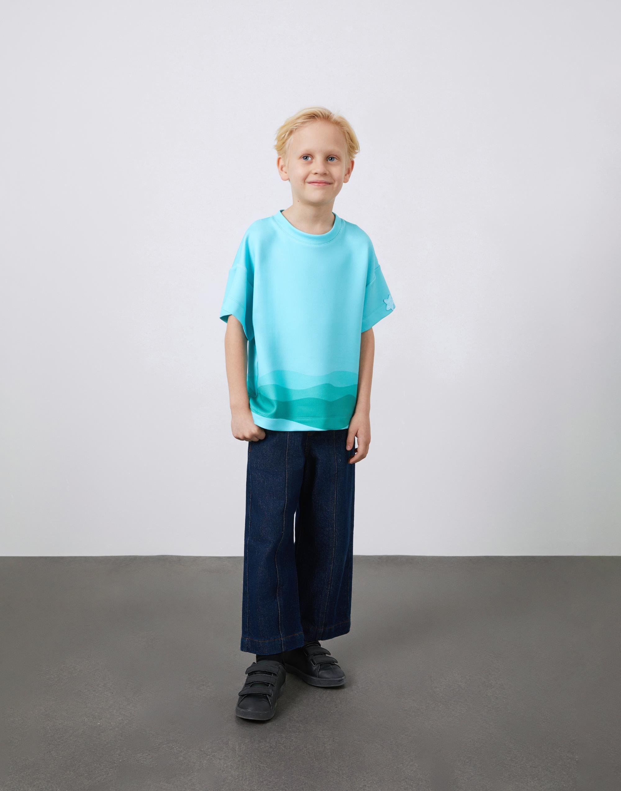 Dalga Baskı Detaylı Mavi Unisex Tişört - junior, designer dresses, bachelorette, party dresses and graduation dresses.