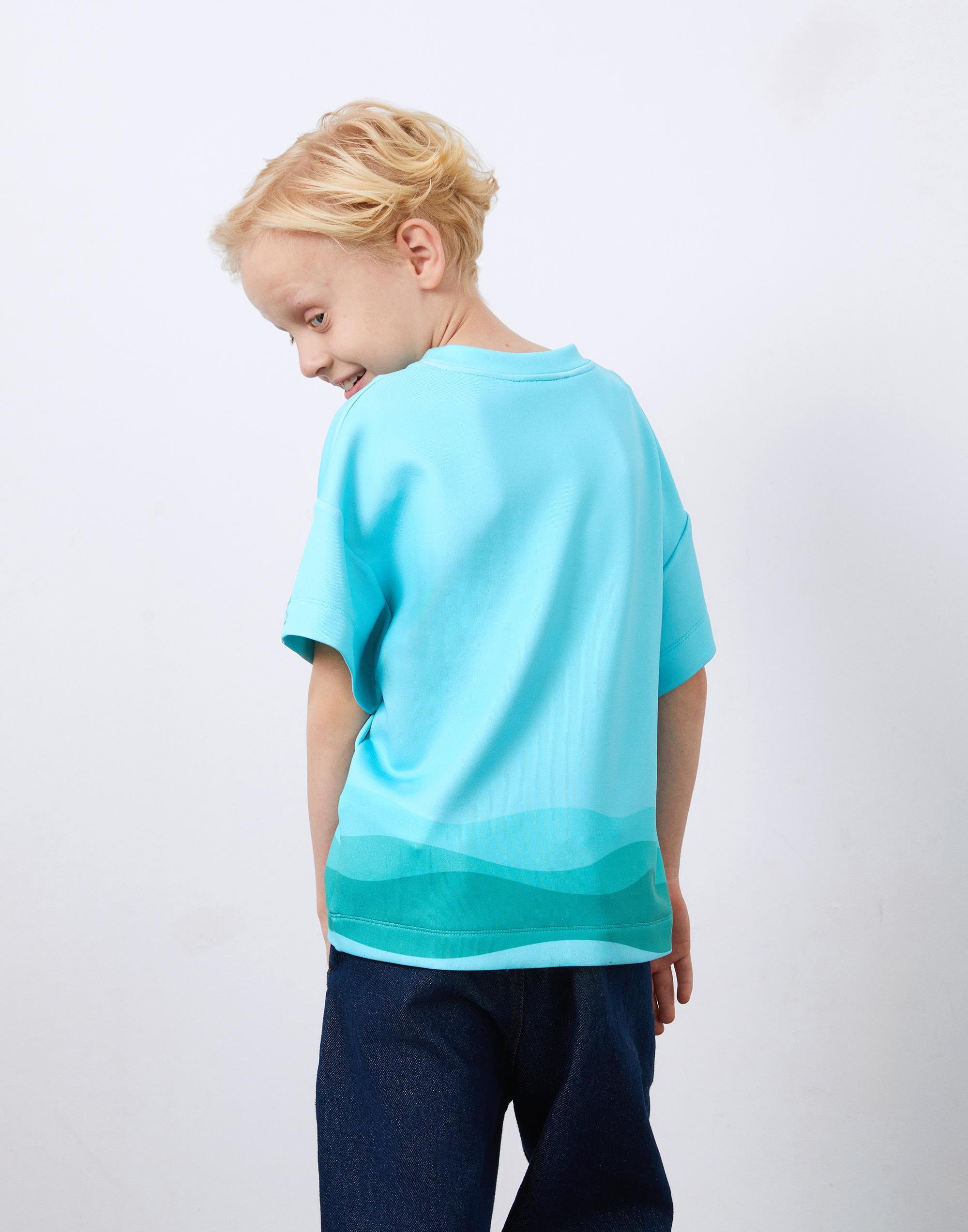 Dalga Baskı Detaylı Mavi Unisex Tişört - junior, designer dresses, bachelorette, party dresses and graduation dresses.