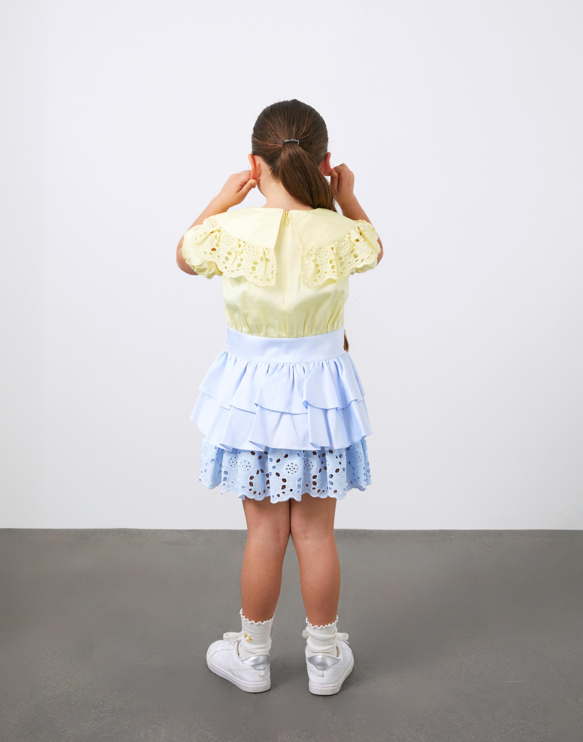 Dantel Detaylı 2 Renk Poplin Fırfırlı Kız Çocuk Elbise - junior, designer dresses, bachelorette, party dresses and graduation dresses.