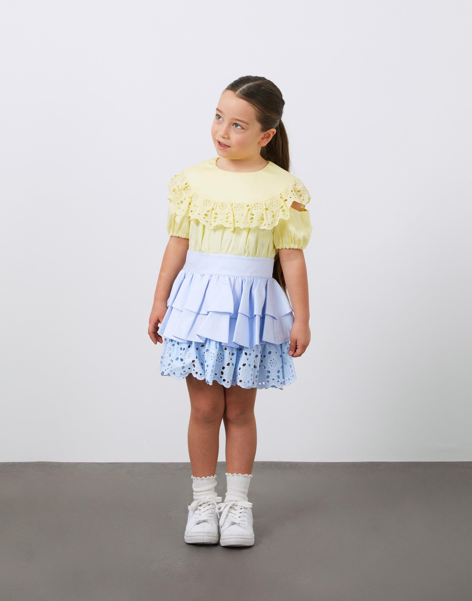 Dantel Detaylı 2 Renk Poplin Fırfırlı Kız Çocuk Elbise - junior, designer dresses, bachelorette, party dresses and graduation dresses.