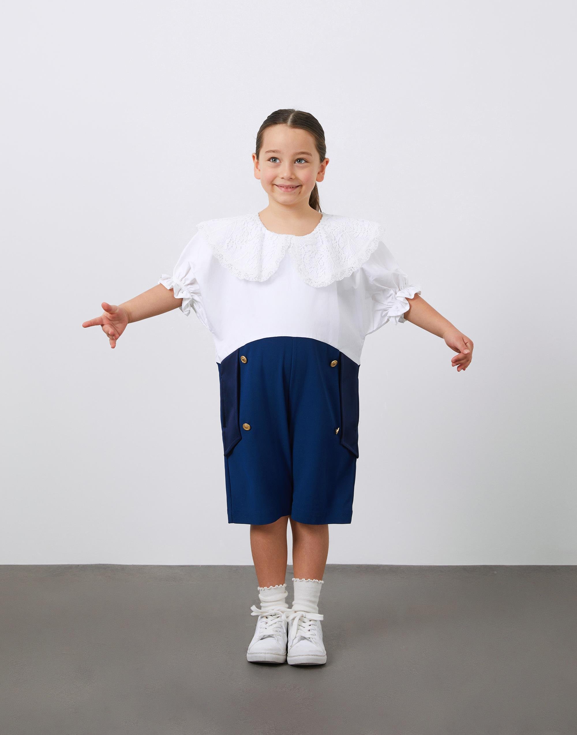 Dantel Yaka ve Düğme Detaylı Kız Çocuk Tulum - junior, designer dresses, bachelorette, party dresses and graduation dresses.