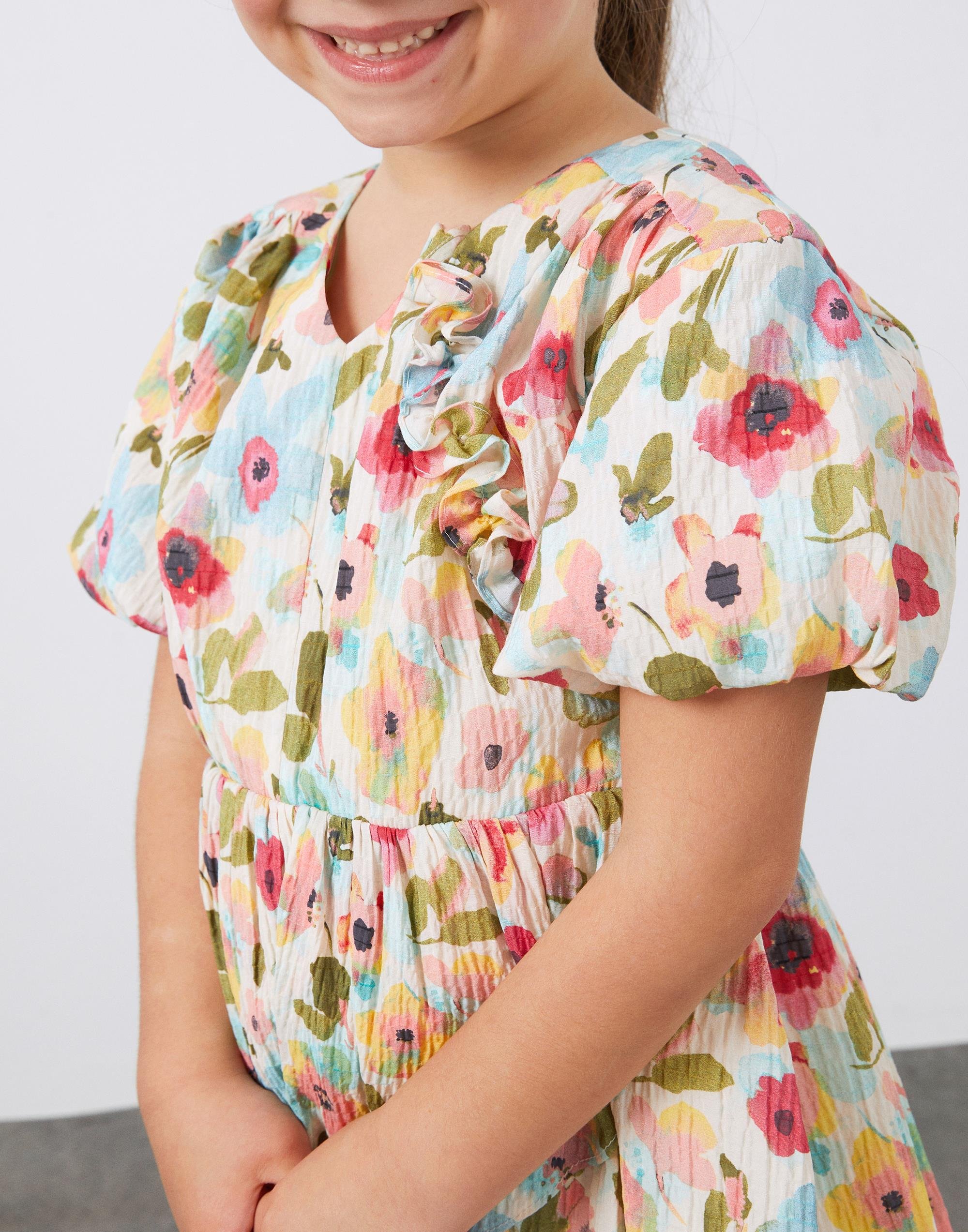 Desenli Mini Kız Çocuk Keten Elbise - junior, designer dresses, bachelorette, party dresses and graduation dresses.