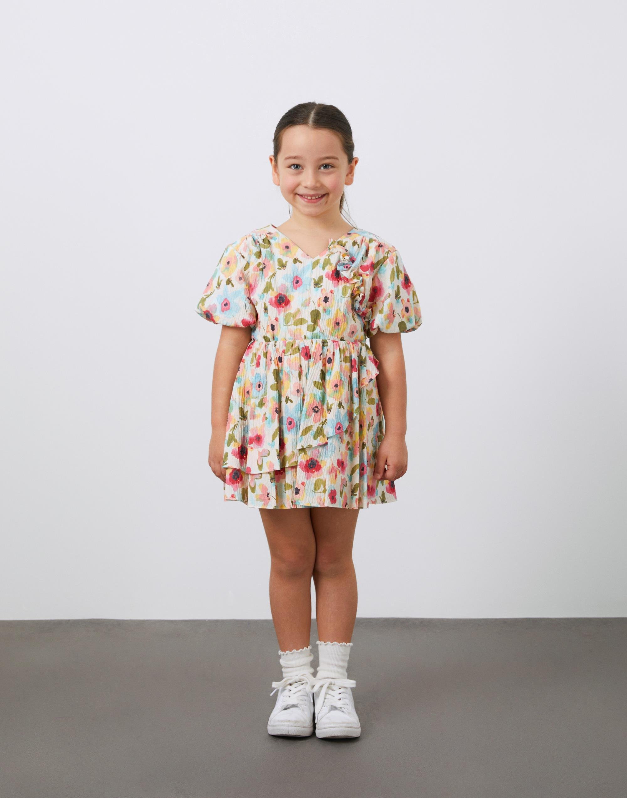 Desenli Mini Kız Çocuk Keten Elbise - junior, designer dresses, bachelorette, party dresses and graduation dresses.