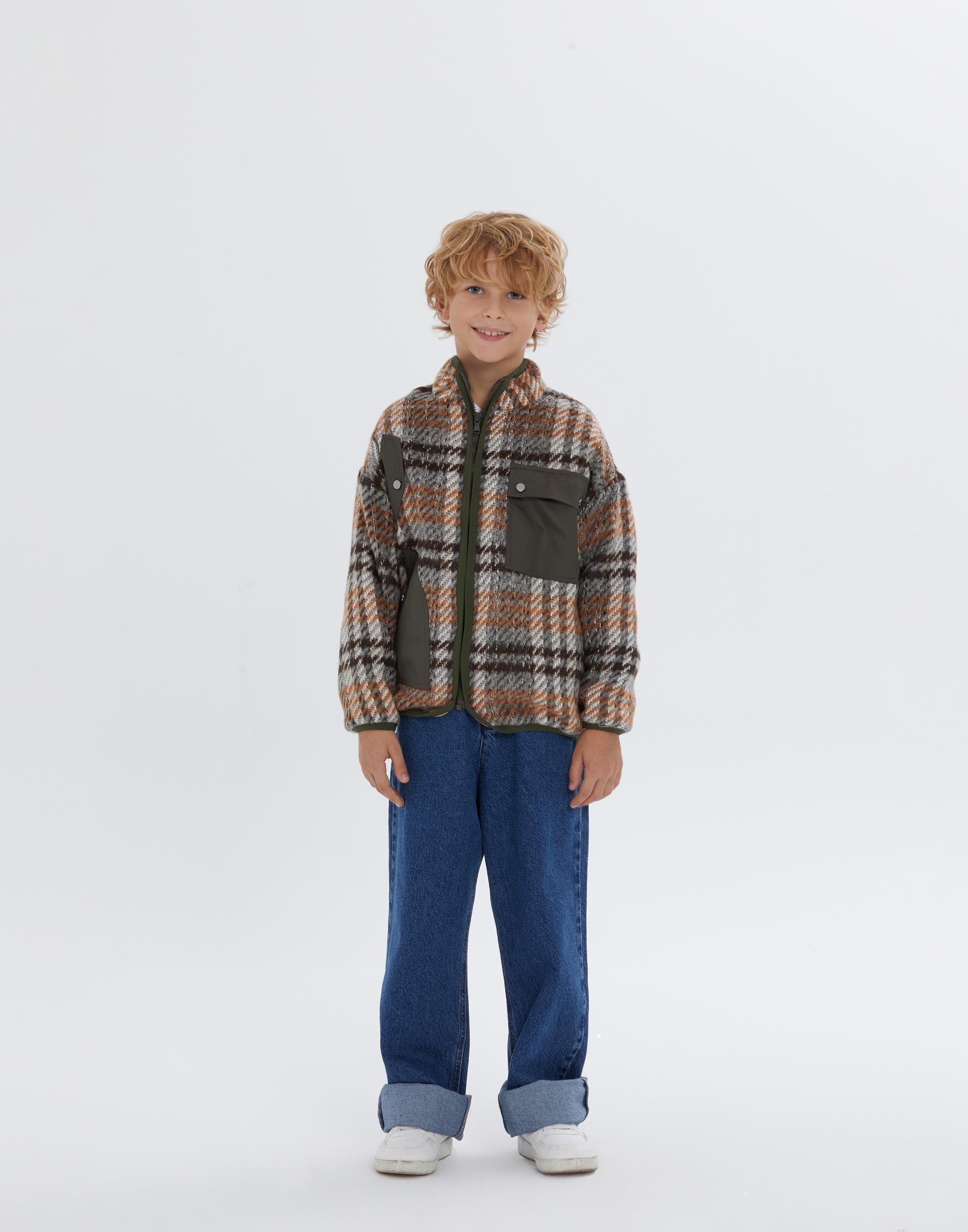 Dik Yakalı Astarlı Ekose Desenli Turuncu Erkek Çocuk Ceket - junior, designer dresses, bachelorette, party dresses and graduation dresses.