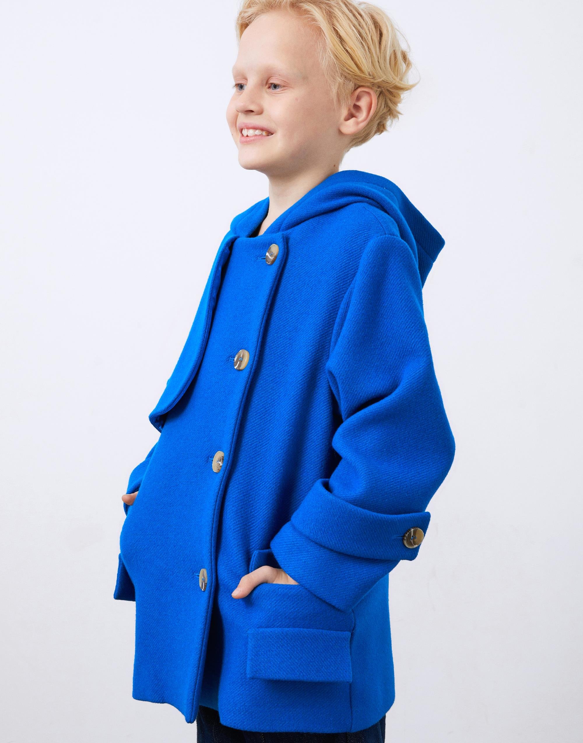 Düğme Detaylı Mavi Erkek Çocuk Kapüşonlu Kaşe Mont - junior, designer dresses, bachelorette, party dresses and graduation dresses.