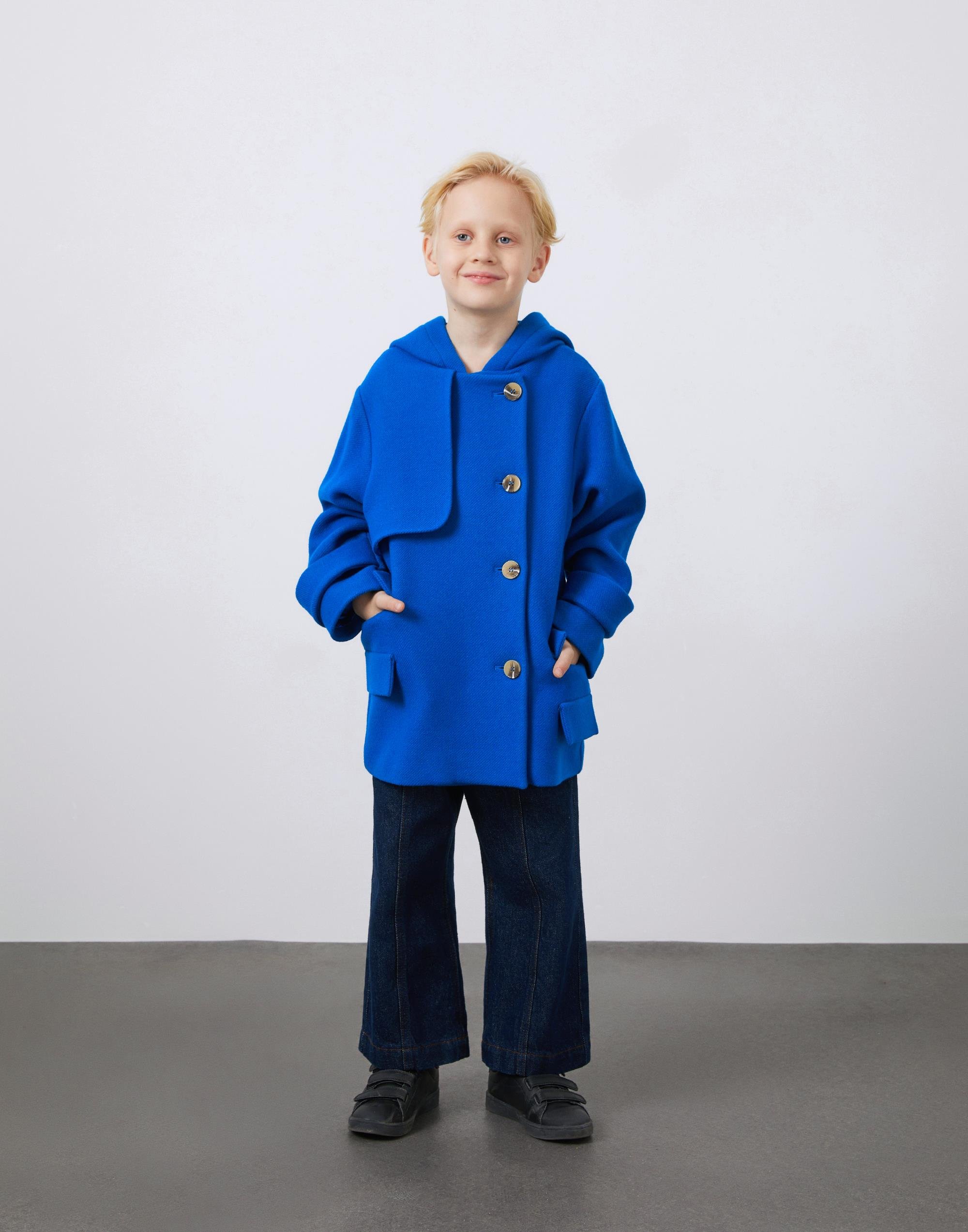 Düğme Detaylı Mavi Erkek Çocuk Kapüşonlu Kaşe Mont - junior, designer dresses, bachelorette, party dresses and graduation dresses.