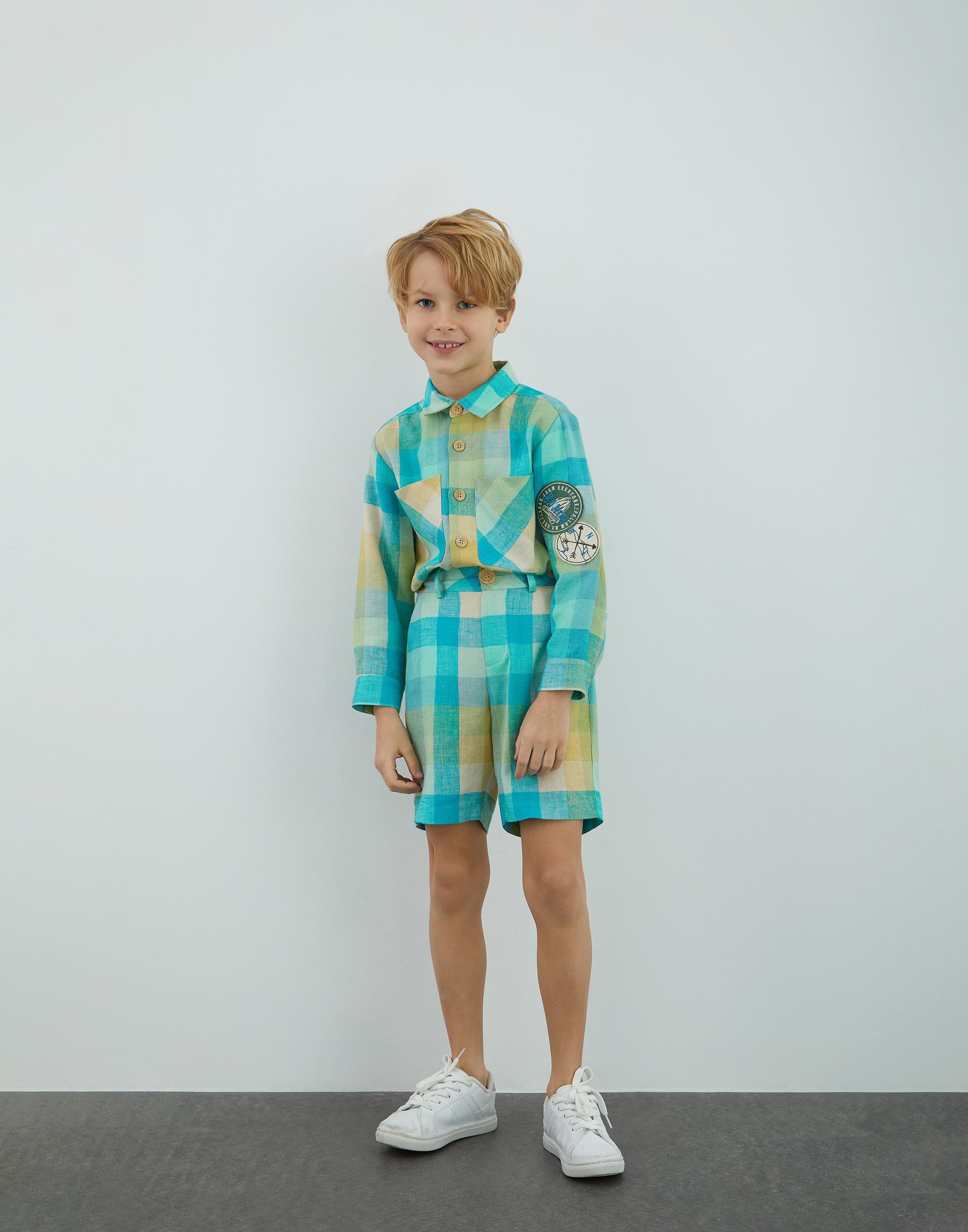 Ekose Desenli Keten Yeşil Şort - junior, designer dresses, bachelorette, party dresses and graduation dresses.