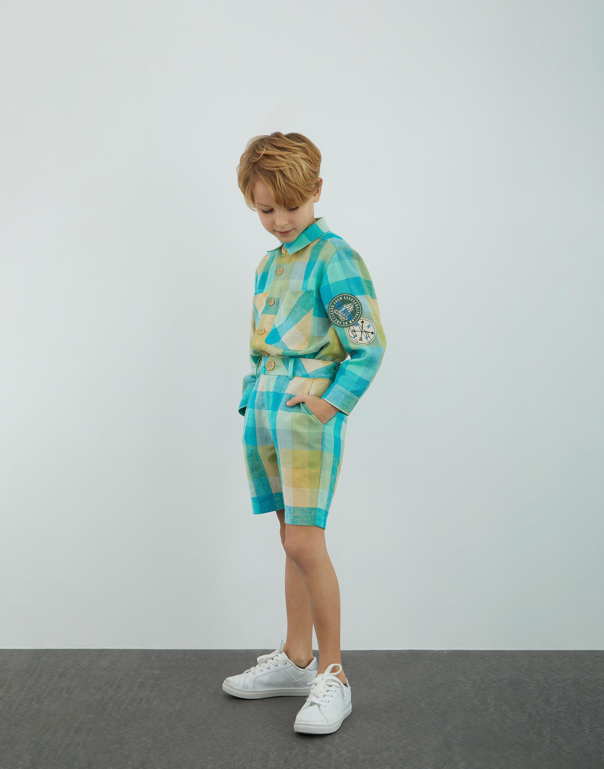 Ekose Desenli Keten Yeşil Şort - junior, designer dresses, bachelorette, party dresses and graduation dresses.