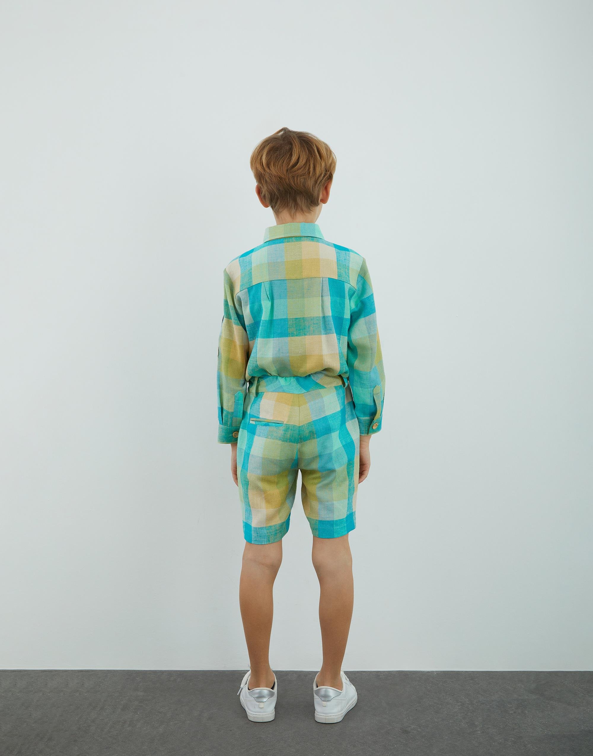 Ekose Desenli Keten Yeşil Şort - junior, designer dresses, bachelorette, party dresses and graduation dresses.