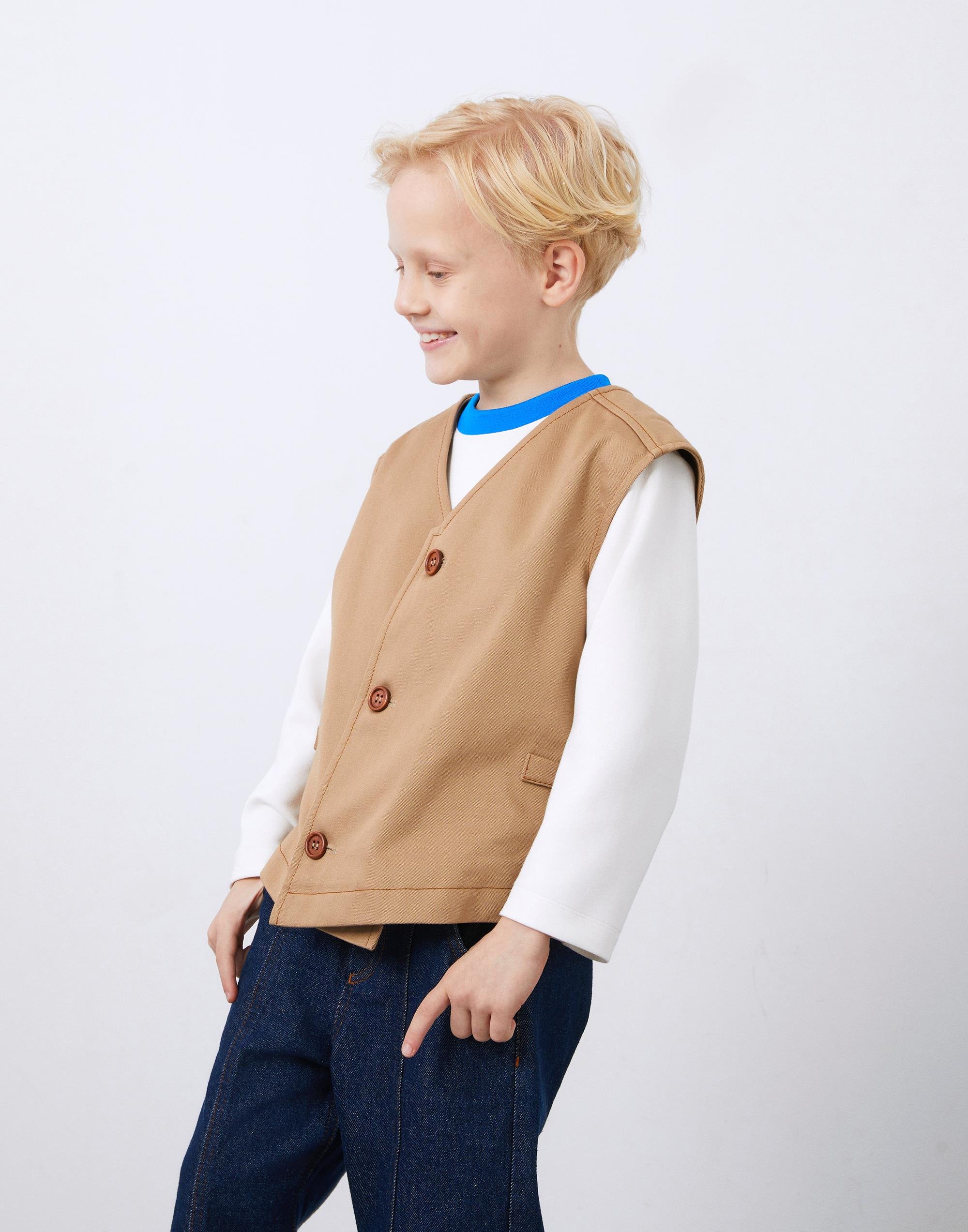 Boy's Wooden Buttoned Brown Vest - junior, designer dresses, bachelorette, party dresses and graduation dresses.