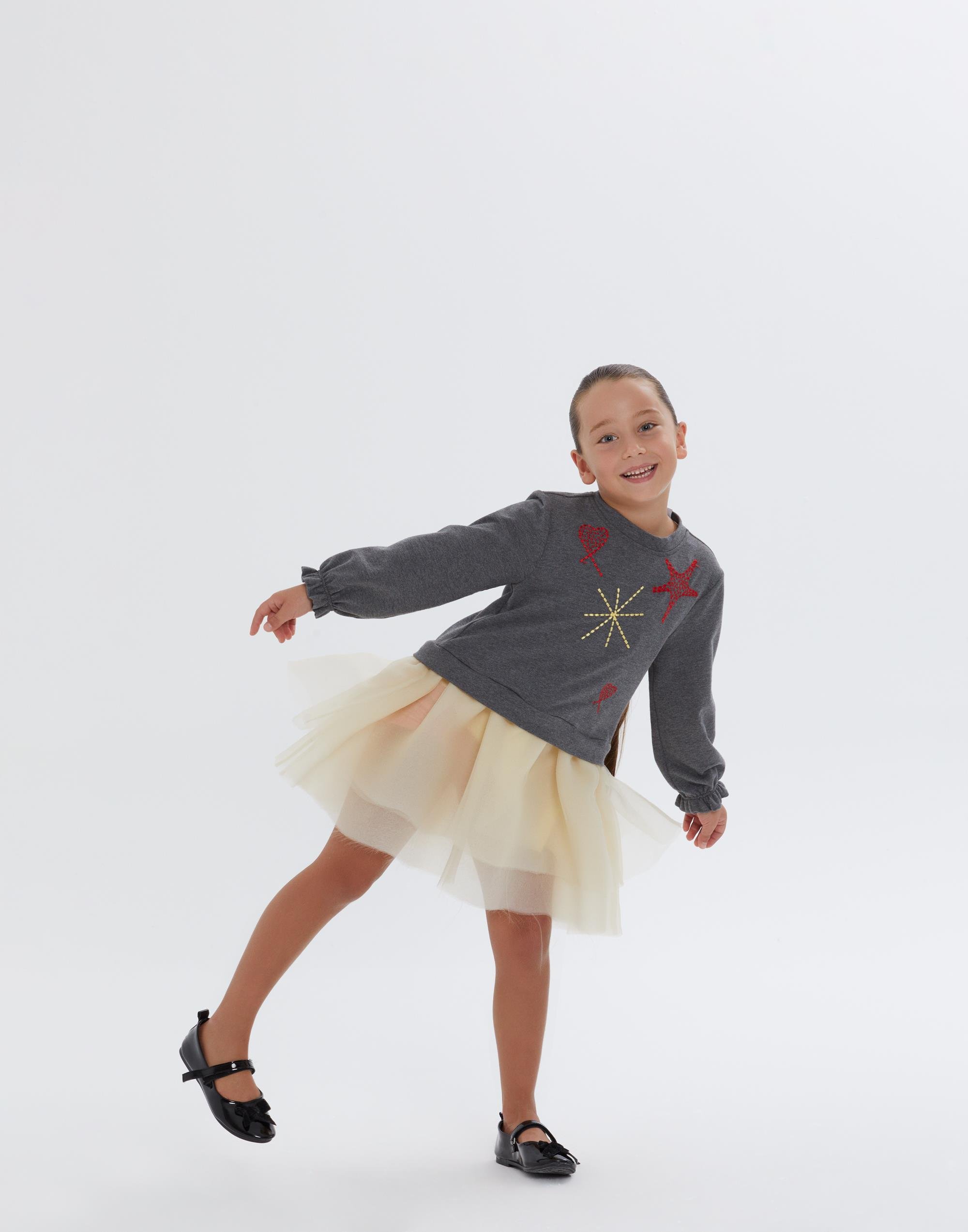 Eteği Tül Detaylı Üst Kısmı Gri Uzun Kollu Kız Çocuk Elbise - junior, designer dresses, bachelorette, party dresses and graduation dresses.