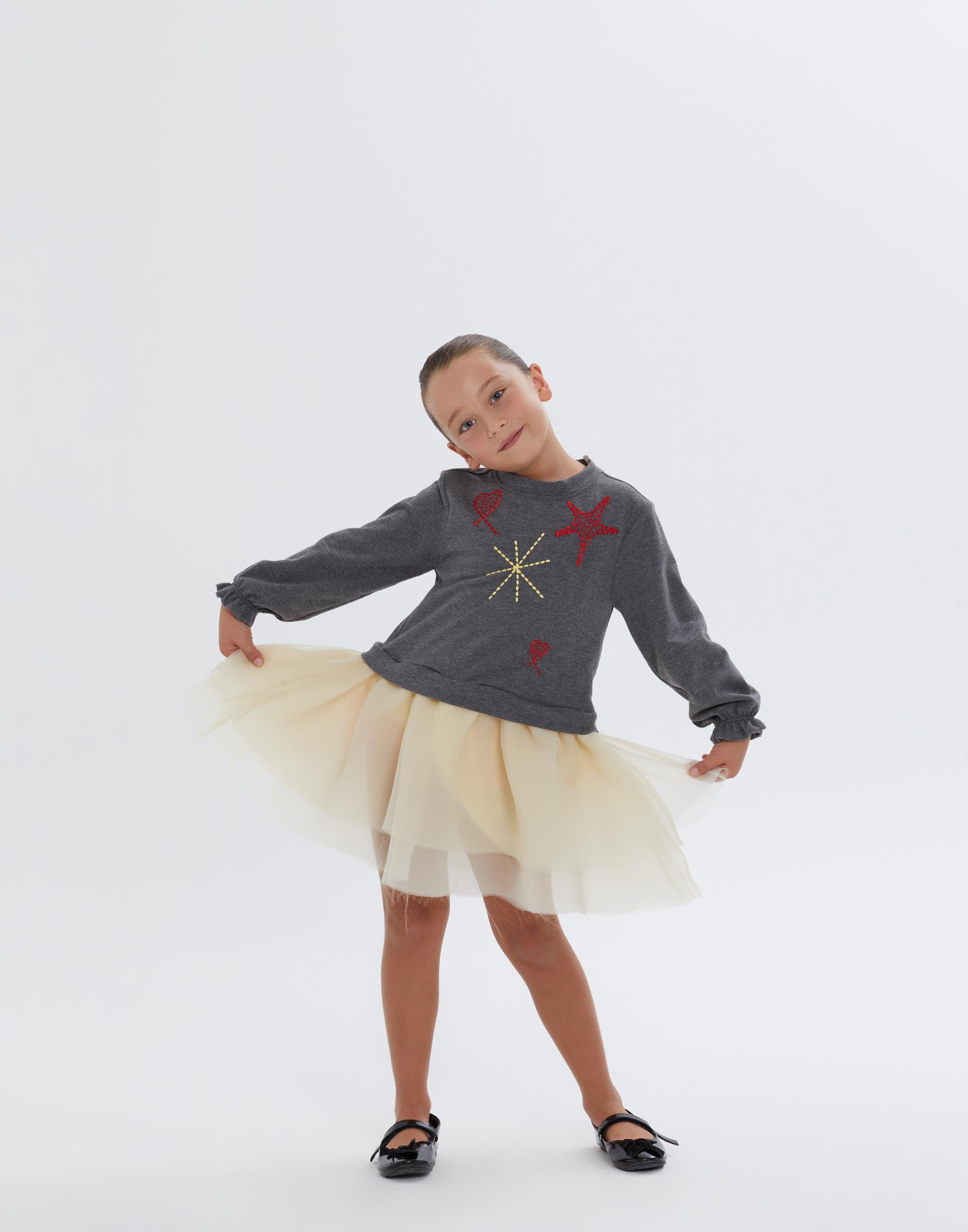 Eteği Tül Detaylı Üst Kısmı Gri Uzun Kollu Kız Çocuk Elbise - junior, designer dresses, bachelorette, party dresses and graduation dresses.