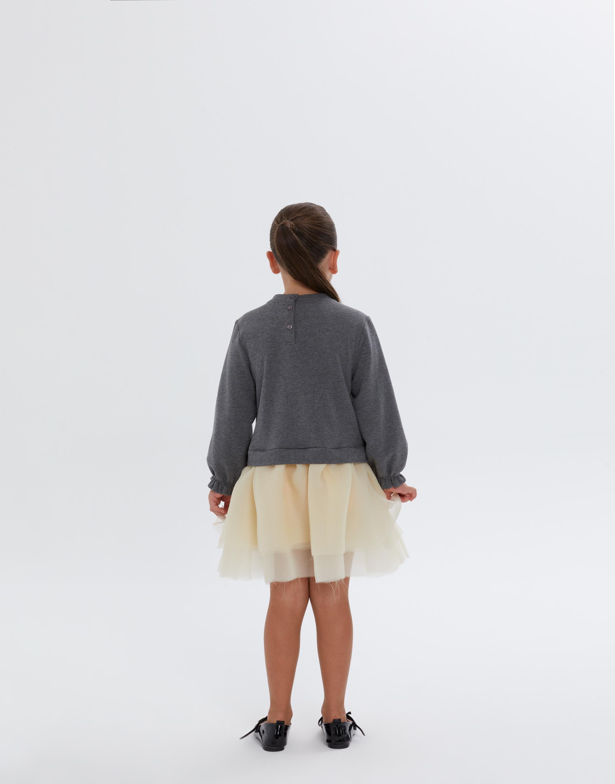 Eteği Tül Detaylı Üst Kısmı Gri Uzun Kollu Kız Çocuk Elbise - junior, designer dresses, bachelorette, party dresses and graduation dresses.