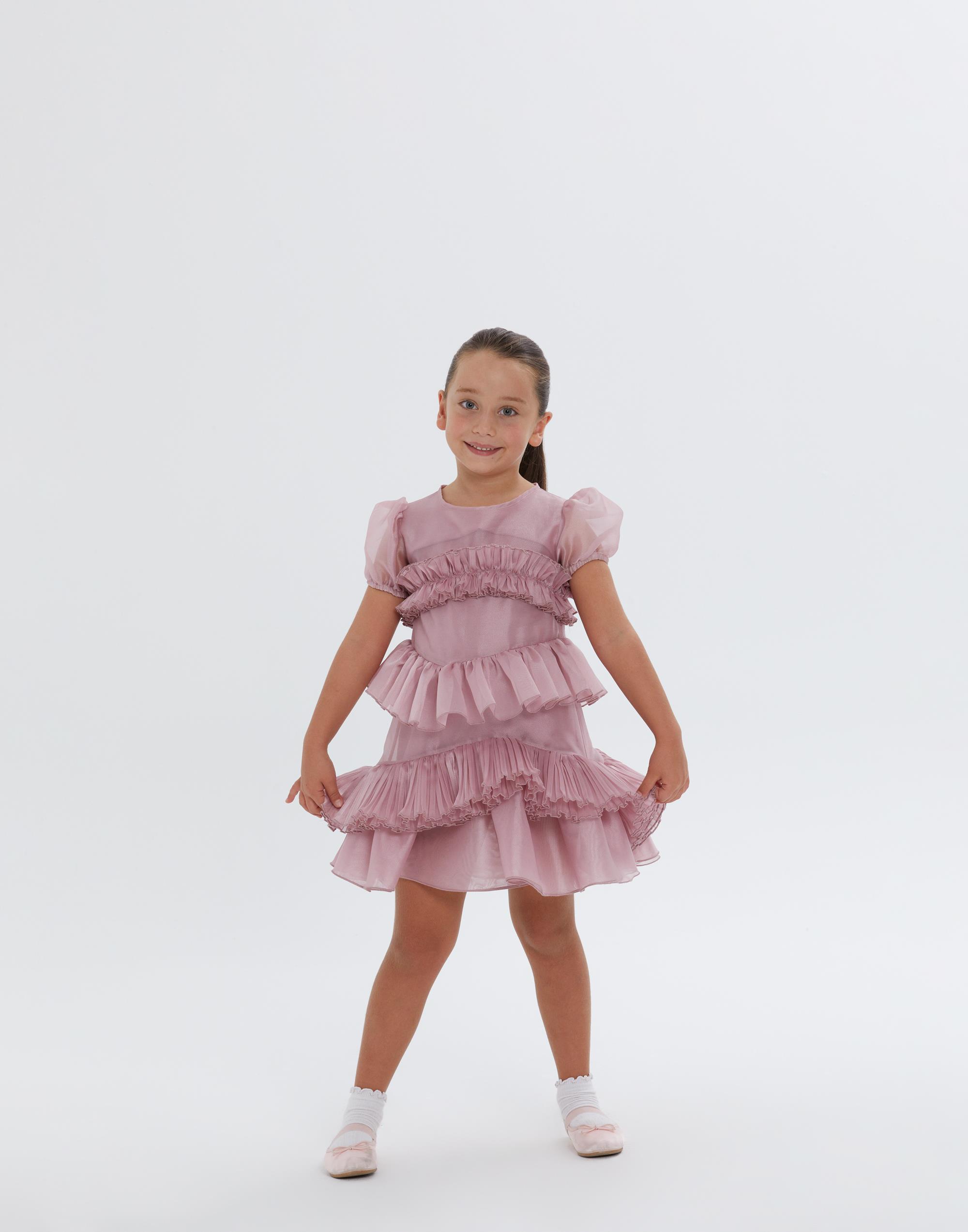 Fırfır Detaylı Kısa Kollu Pudra Mini Kız Çocuk Elbise - junior, designer dresses, bachelorette, party dresses and graduation dresses.