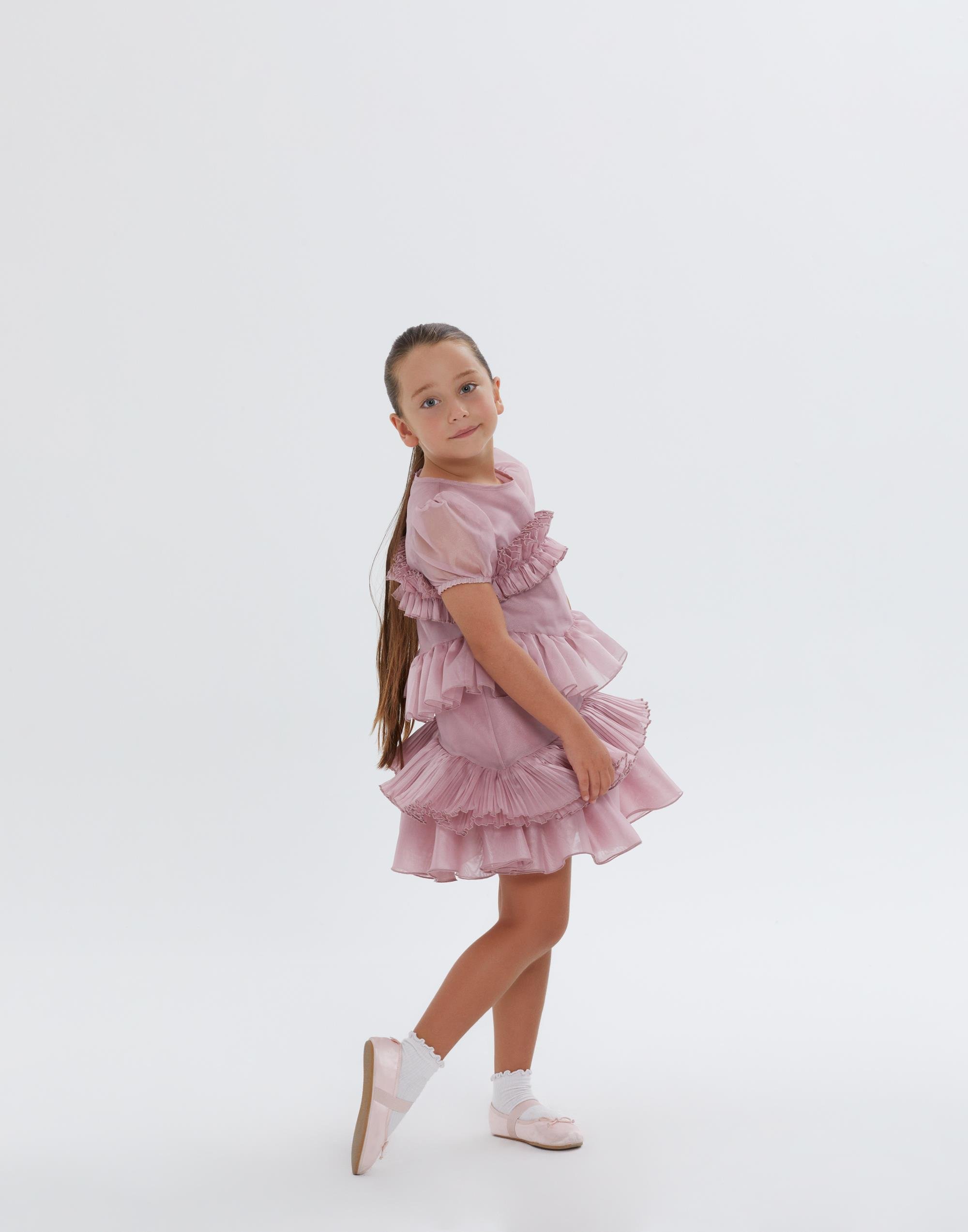 Fırfır Detaylı Kısa Kollu Pudra Mini Kız Çocuk Elbise - junior, designer dresses, bachelorette, party dresses and graduation dresses.