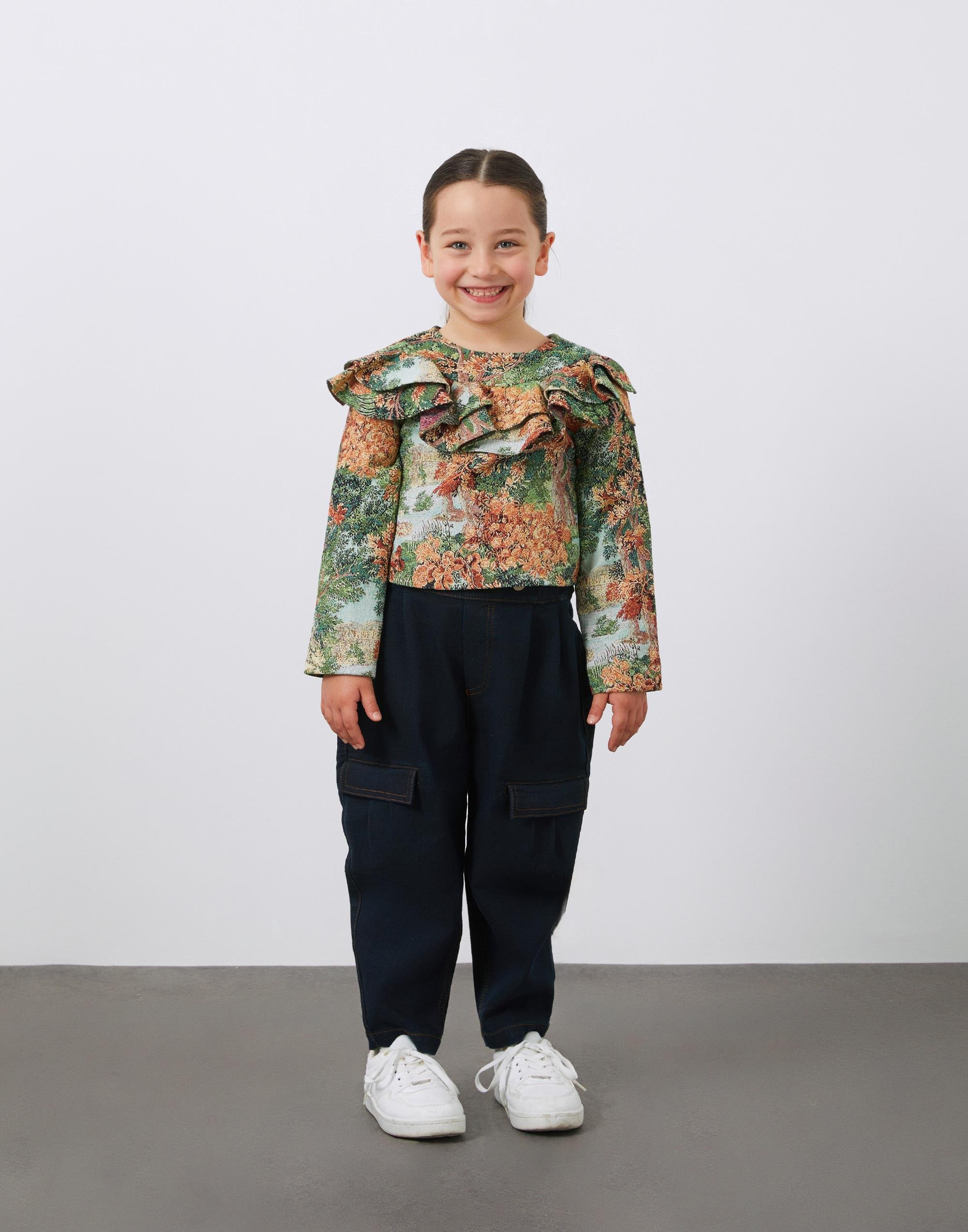 Fırfır Detaylı Kız Çocuk Jakarlı Bluz  - junior, designer dresses, bachelorette, party dresses and graduation dresses.