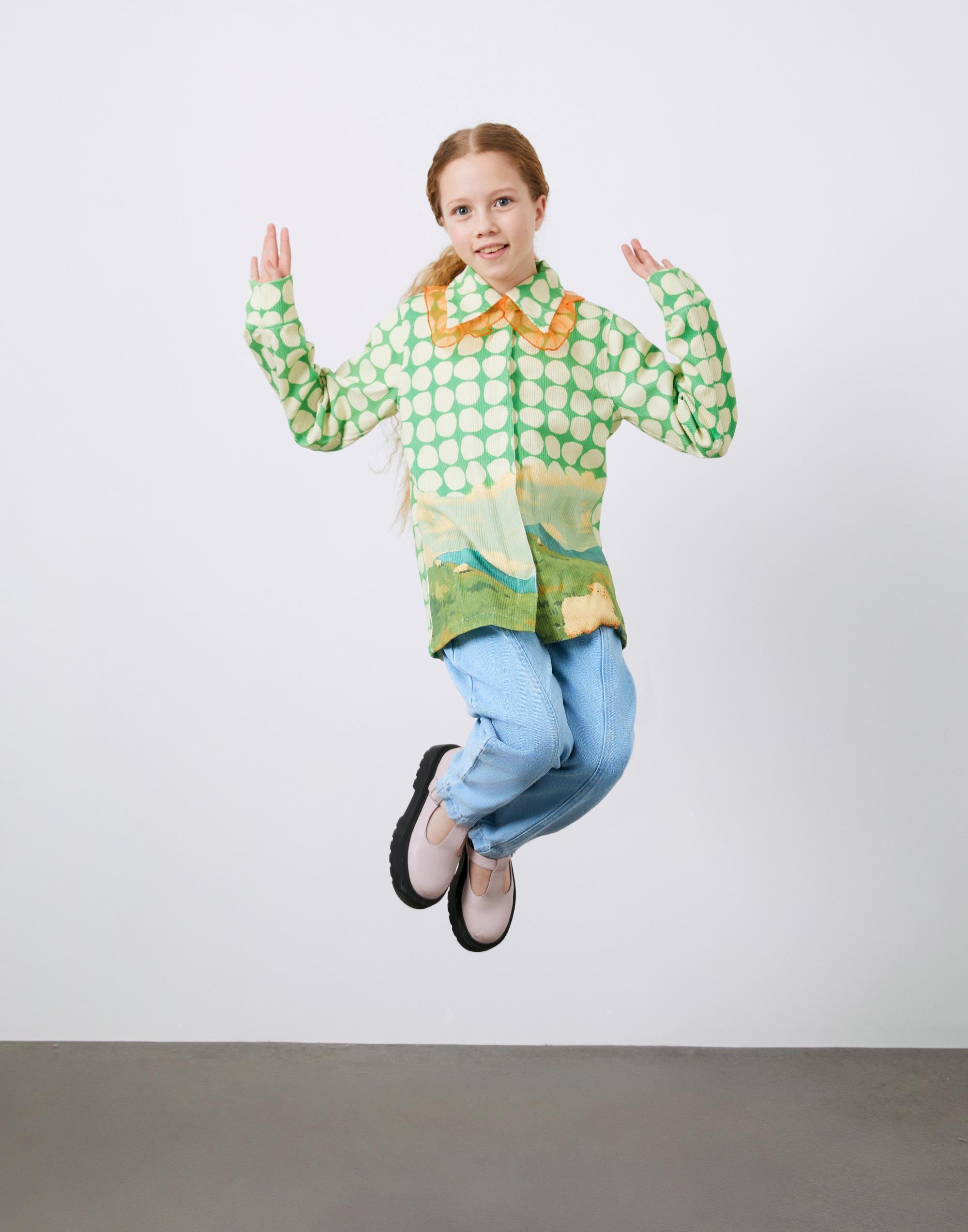 Fırfırlı Yaka ve Baskılı Fitilli Kadife Kız Çocuk Bluz - junior, designer dresses, bachelorette, party dresses and graduation dresses.