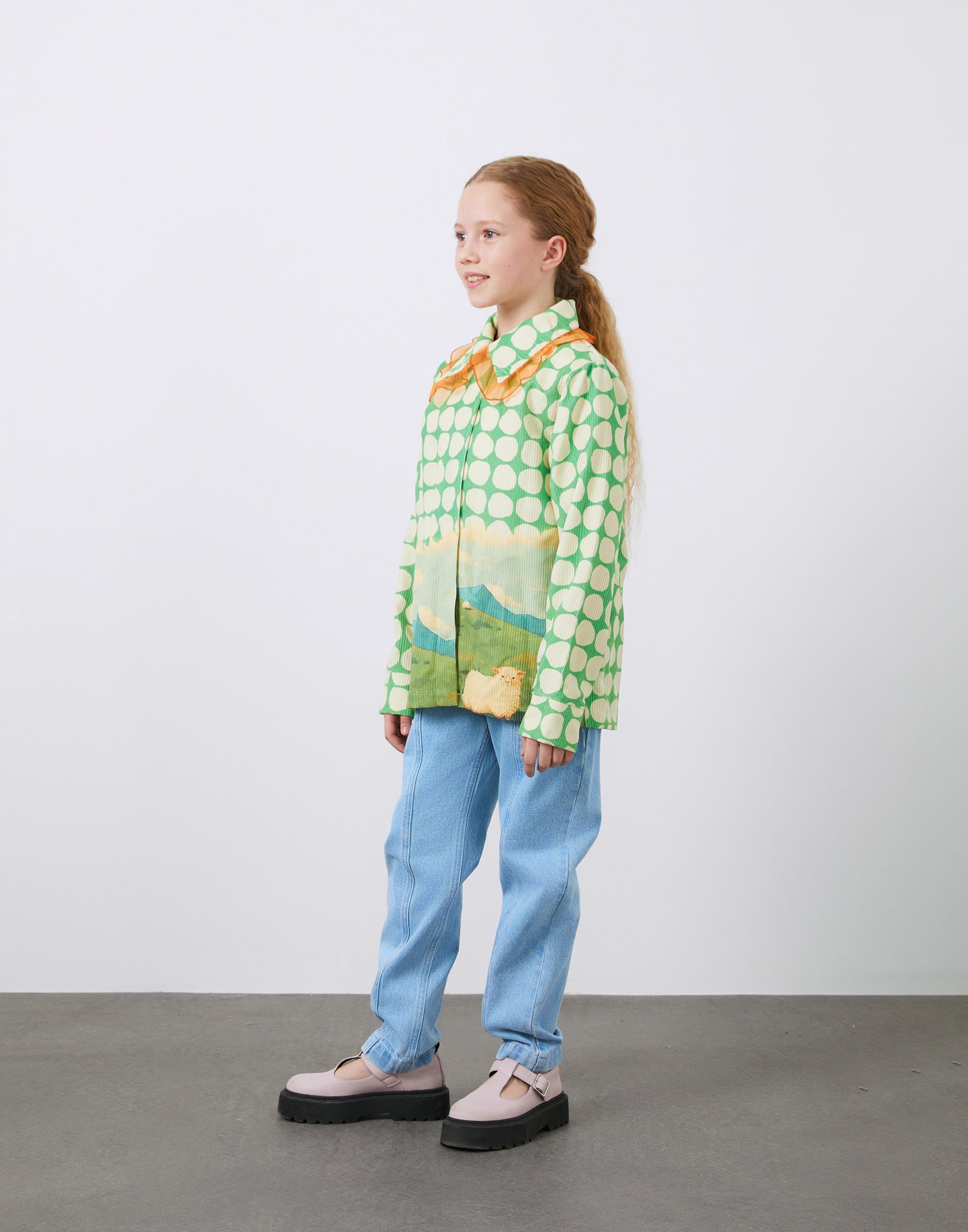 Fırfırlı Yaka ve Baskılı Fitilli Kadife Kız Çocuk Bluz - junior, designer dresses, bachelorette, party dresses and graduation dresses.