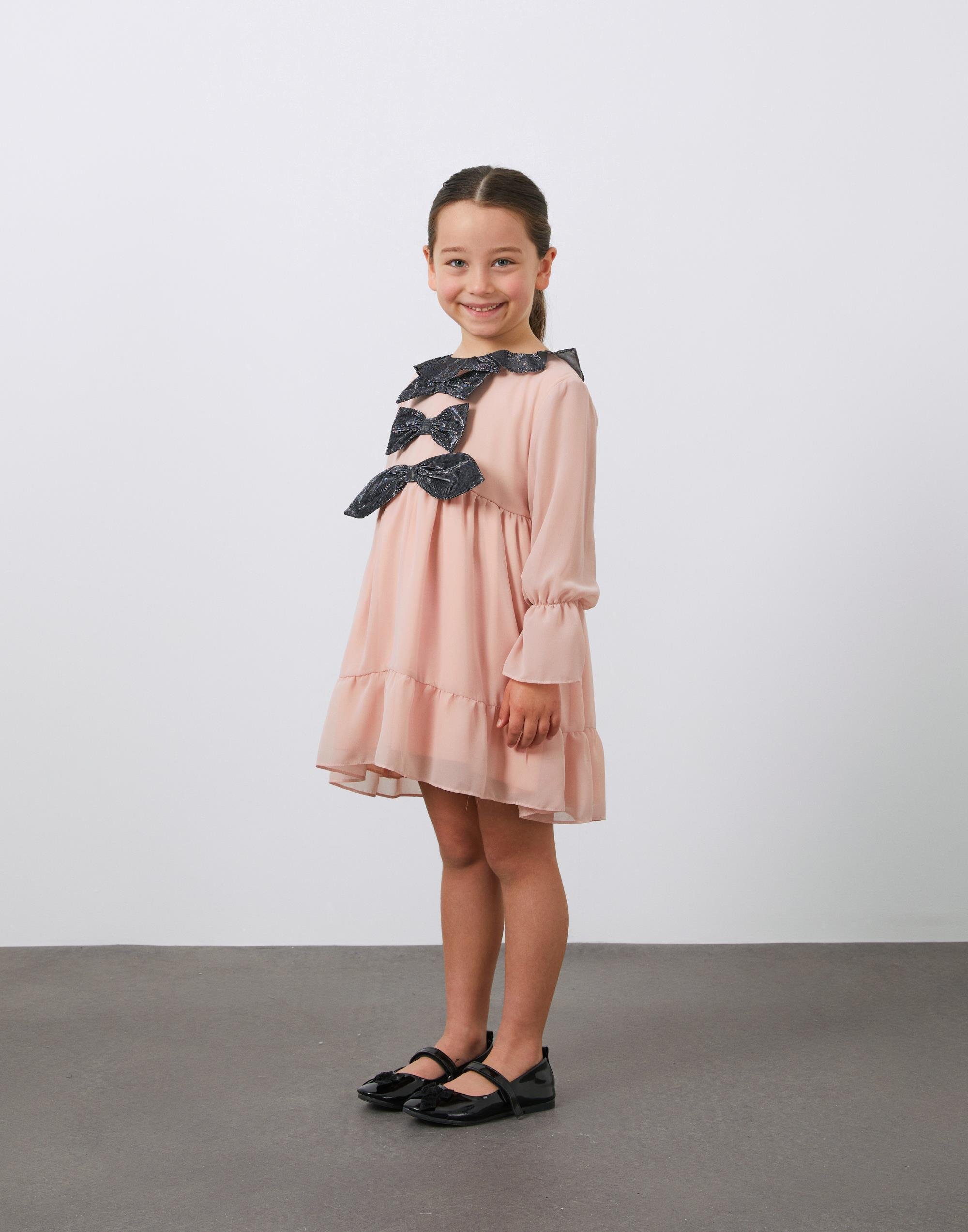 Fiyonk Detaylı Pembe Kız Çocuk Şifon Elbise - junior, designer dresses, bachelorette, party dresses and graduation dresses.