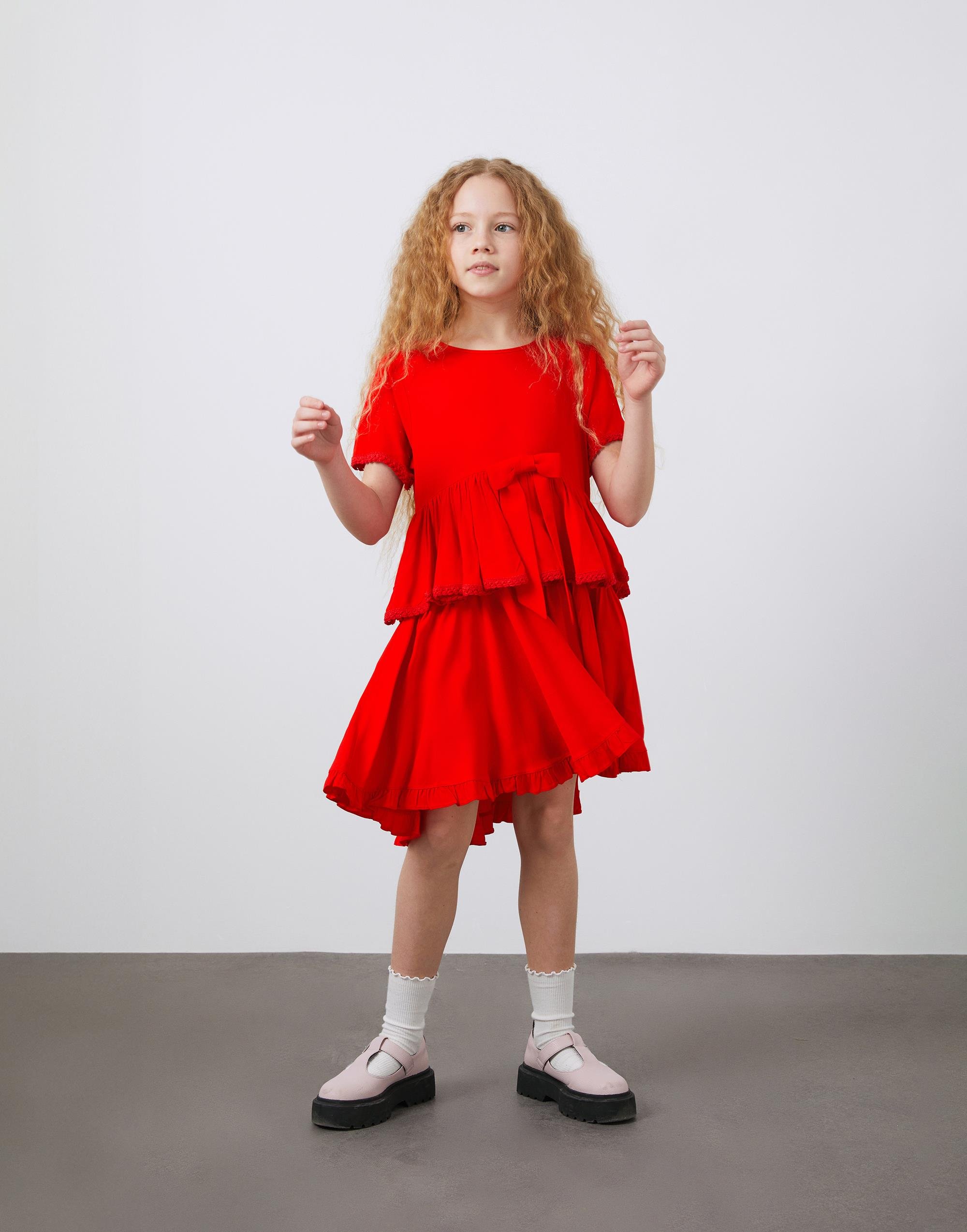 Fiyonklu ve Dökümlü Kırmızı Kız Çocuk Elbise - junior, designer dresses, bachelorette, party dresses and graduation dresses.