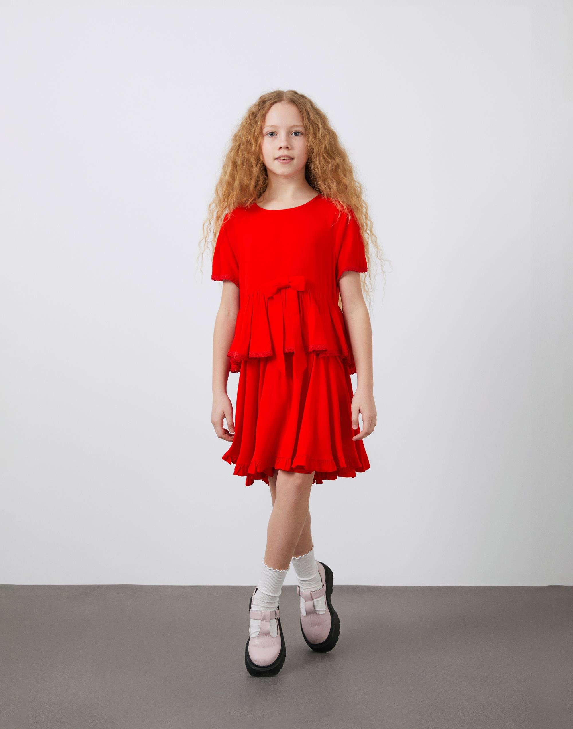 Fiyonklu ve Dökümlü Kırmızı Kız Çocuk Elbise - junior, designer dresses, bachelorette, party dresses and graduation dresses.