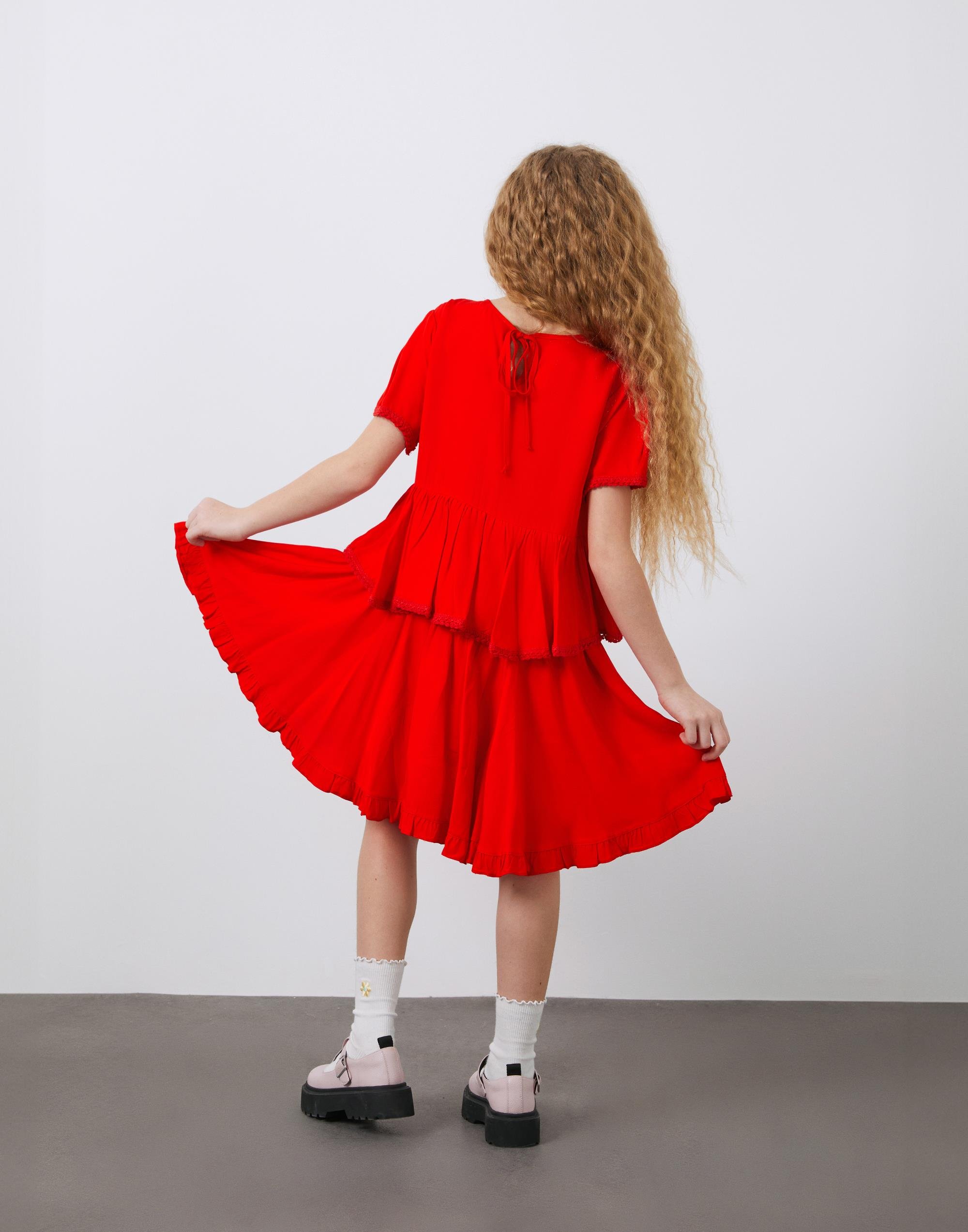 Fiyonklu ve Dökümlü Kırmızı Kız Çocuk Elbise - junior, designer dresses, bachelorette, party dresses and graduation dresses.