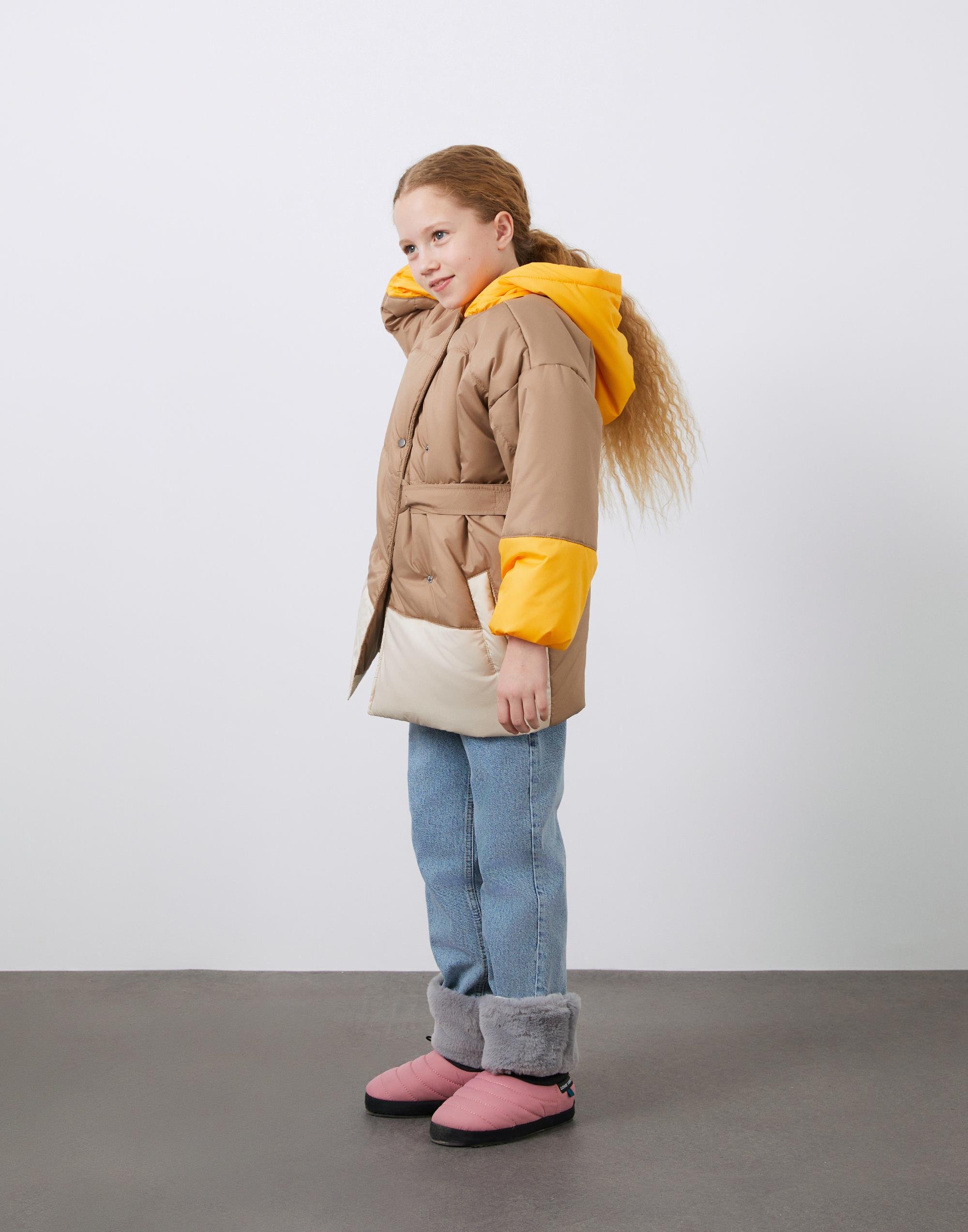 Garni Detaylı Bej Kapüşonlu Kız Çocuk Şişme Mont - junior, designer dresses, bachelorette, party dresses and graduation dresses.