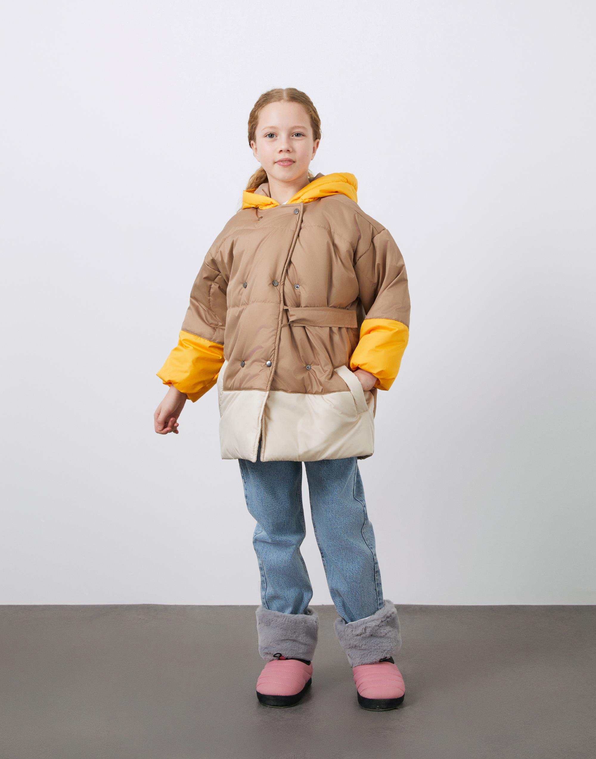 Garni Detaylı Bej Kapüşonlu Kız Çocuk Şişme Mont - junior, designer dresses, bachelorette, party dresses and graduation dresses.