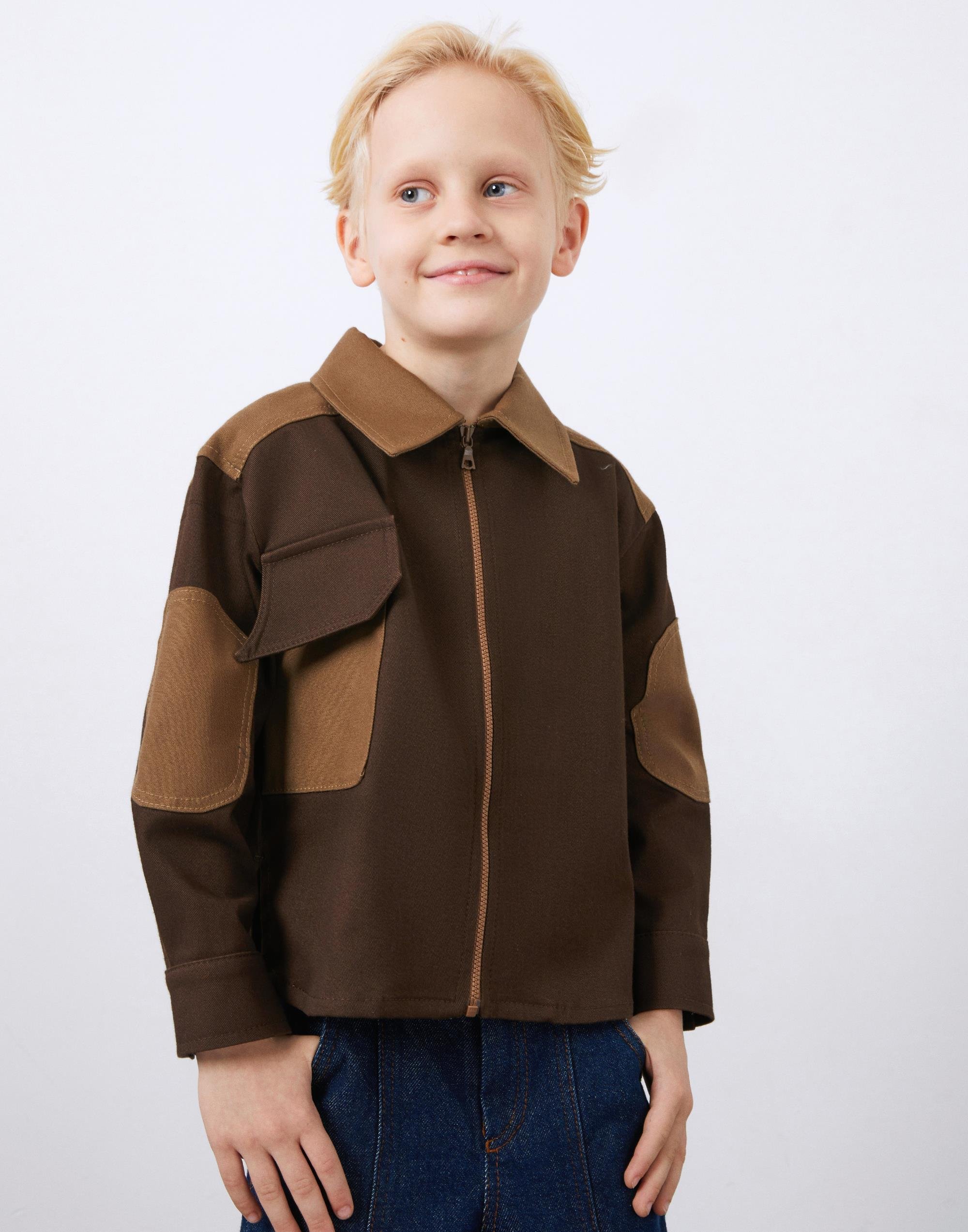 Garni ve Cep Detaylı Kahverengi Erkek Çocuk Fermuarlı Ceket - junior, designer dresses, bachelorette, party dresses and graduation dresses.