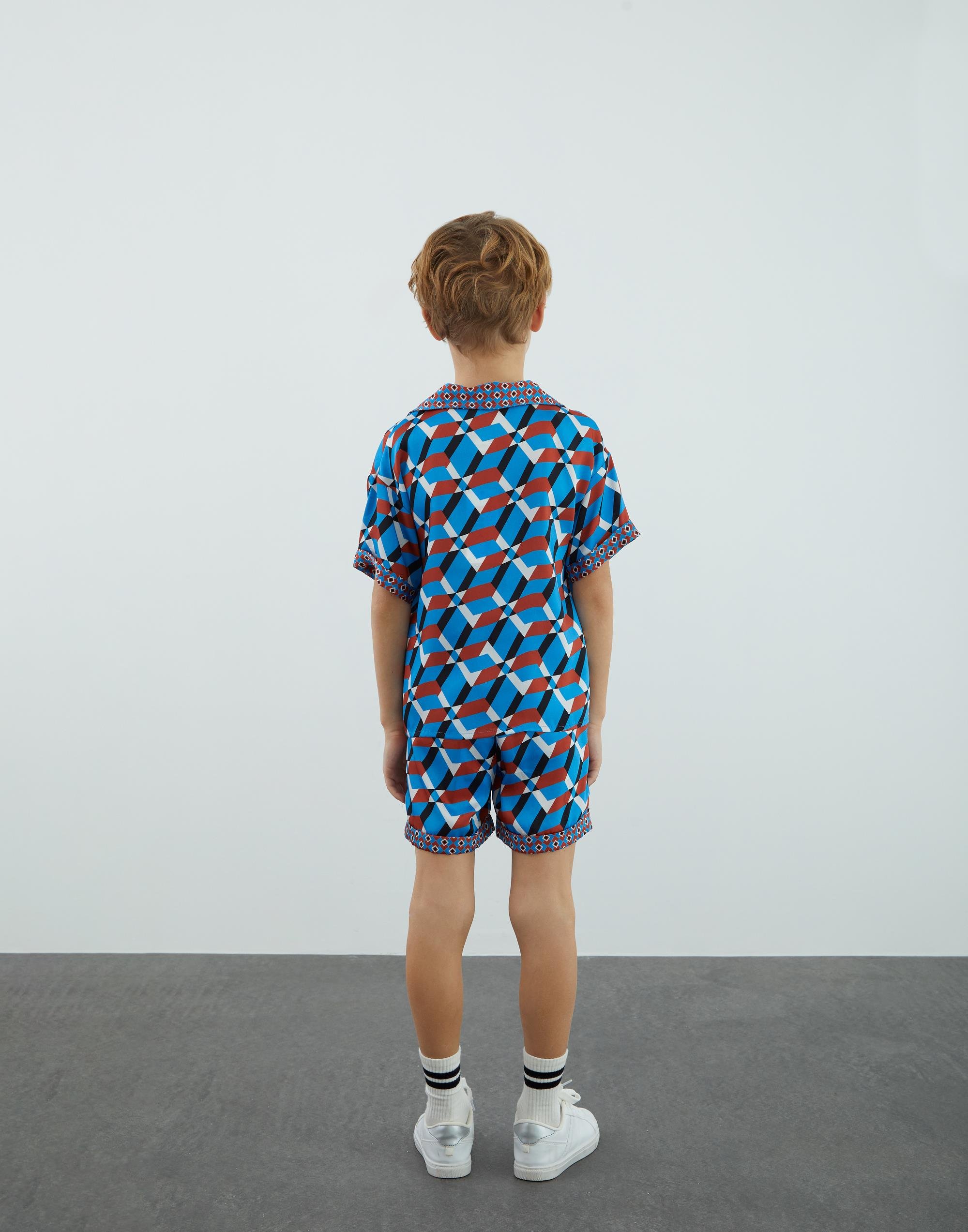 Geometric Patterned Blue Shirt - junior, designer dresses, bachelorette, party dresses and graduation dresses.