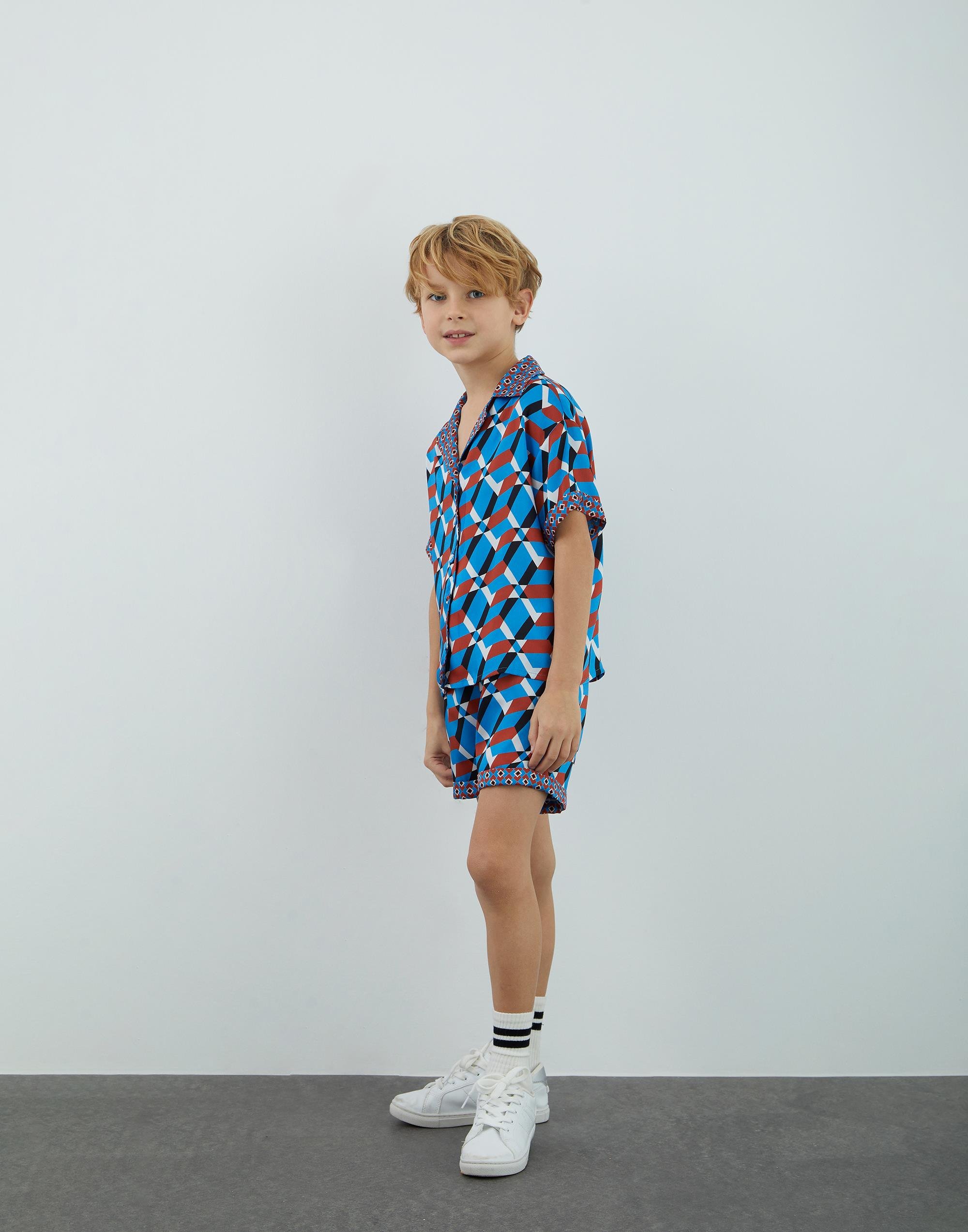 Geometric Patterned Blue Shirt - junior, designer dresses, bachelorette, party dresses and graduation dresses.