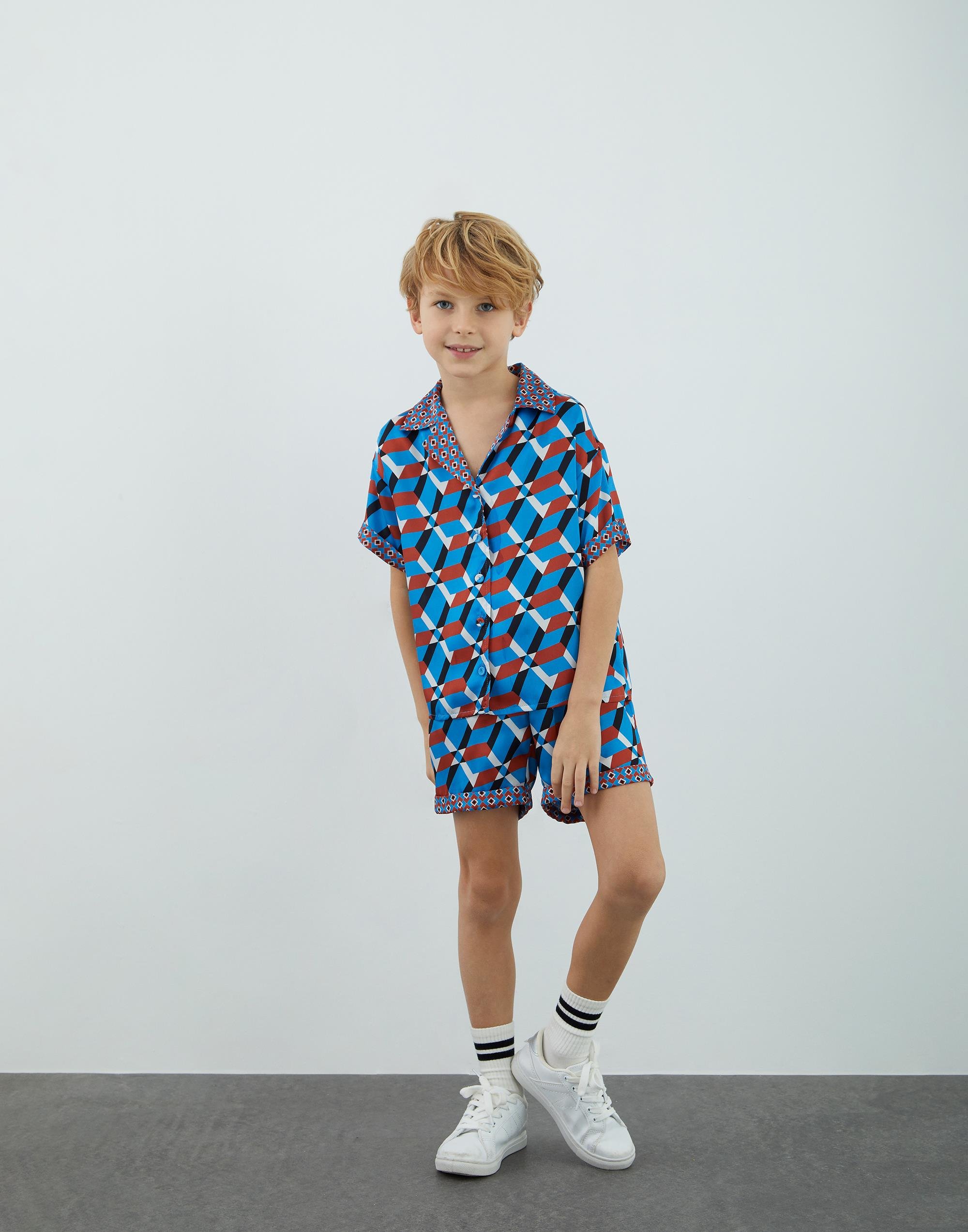 Geometric Patterned Blue Shirt - junior, designer dresses, bachelorette, party dresses and graduation dresses.