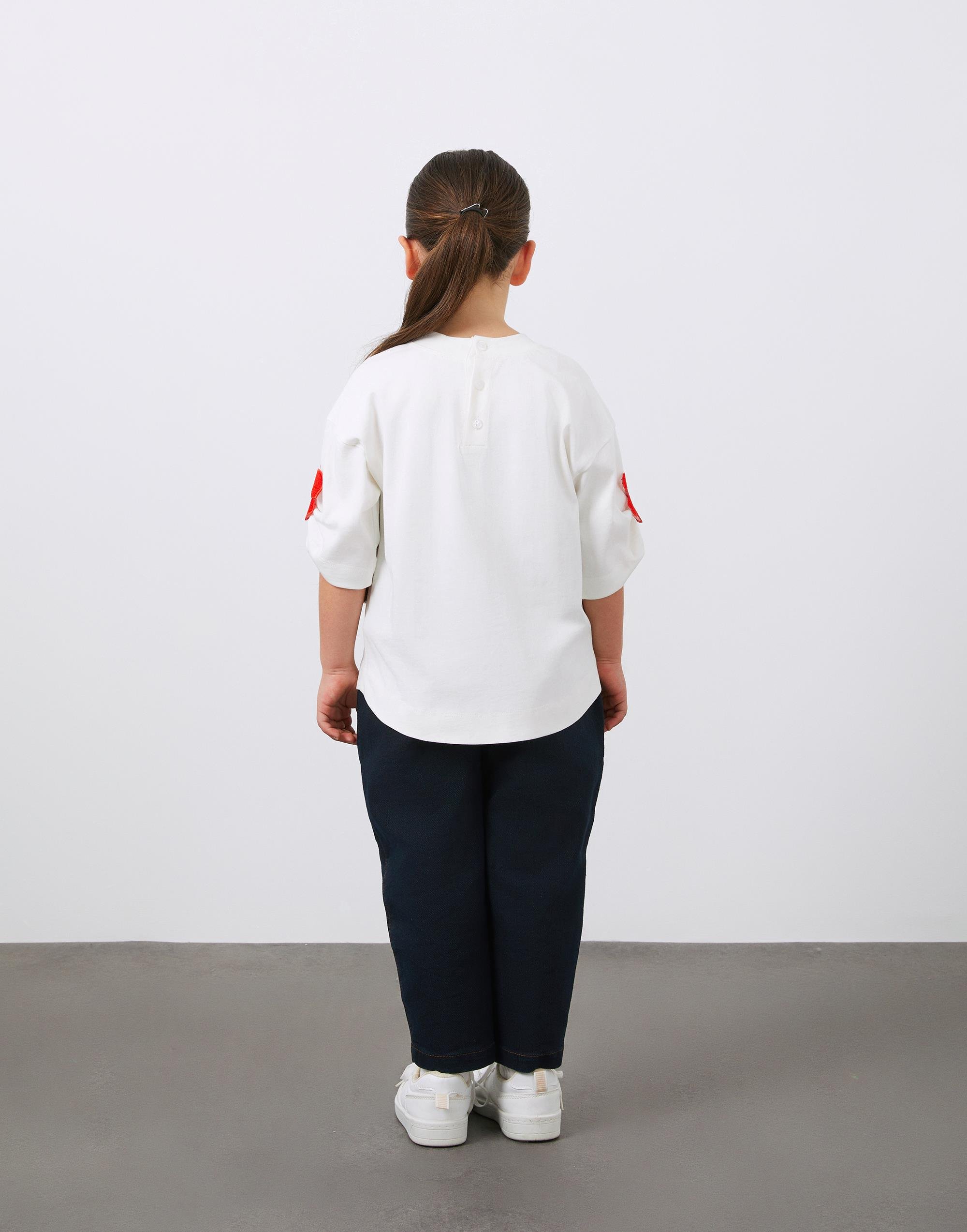 Kolları Büzgü ve Aplike Detaylı Kız Çocuk Tshirt - junior, designer dresses, bachelorette, party dresses and graduation dresses.